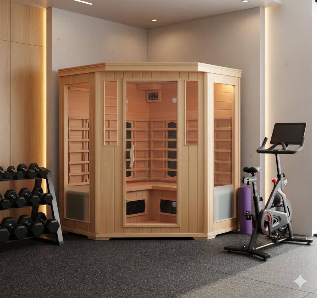 CONCEPT USINE | Cabina per sauna a infrarossi 3-4 posti in legno di tsuga | Calore secco economico | Cromoterapia con 5 lampade | 6 diffusori ceramici + 2 carboni | Stazione LCD | Radio Bluetooth |