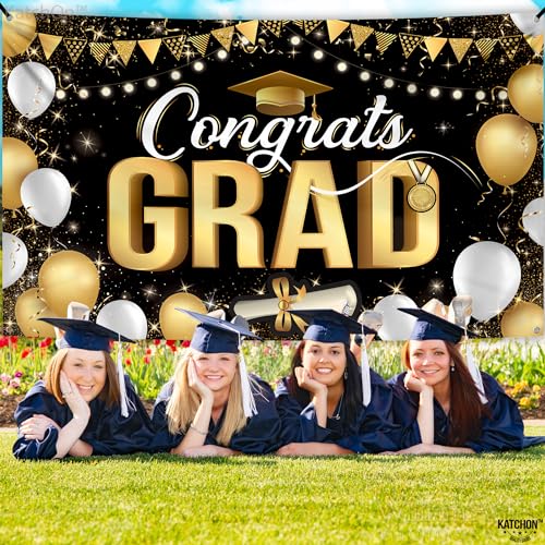 Image of Graduation Decorations 2026, Black and Gold Congrats Grad Banner - 72x44 Inch | Congrats Grad Backdrop for Grad Party Decorations, Graduation Banner for Congratulations Decorations, KatchOn