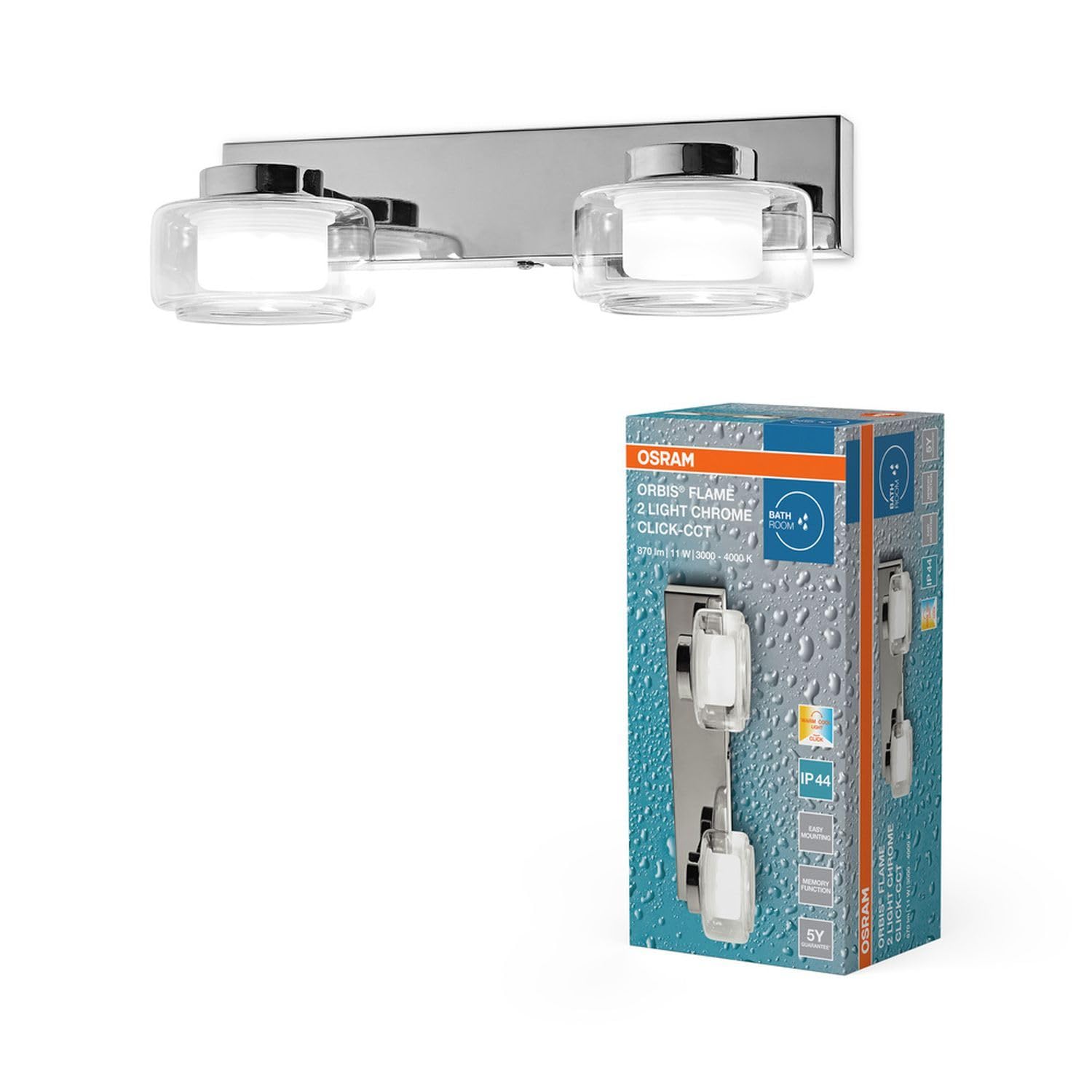 Licht-Erlebnisse LED Wandleuchte Metall Glas Chrom 3000-4000 K Click-CCT IP44 modern Bad Flur Schlafzimmer Treppenhaus B:30 cm Wandlampe Badezimmer
