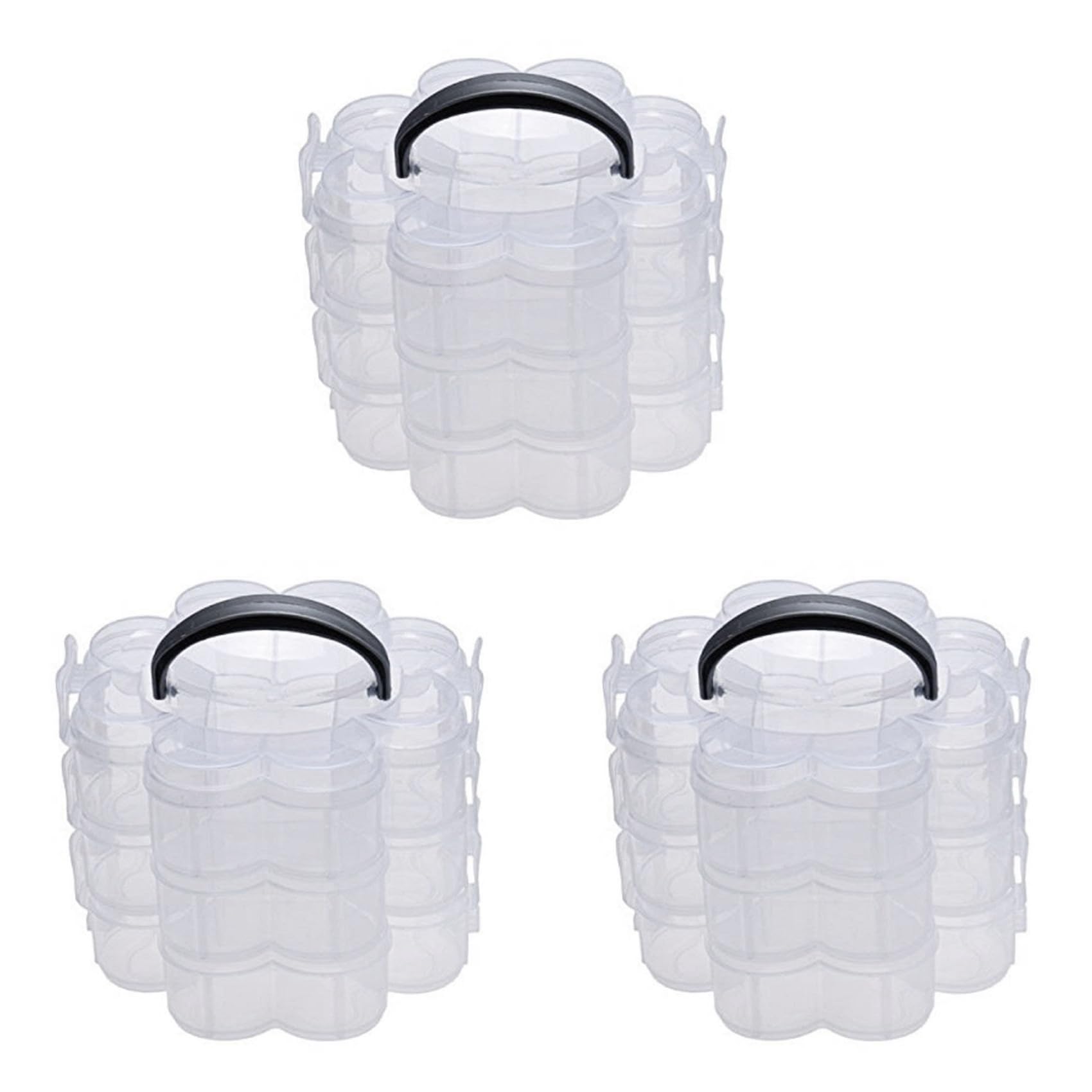 Hndhbfgrt 3X 3-Tier Clear Plastic Stackable Organiser Storage Hobby Craft Box Container Jewellery Case - Clear