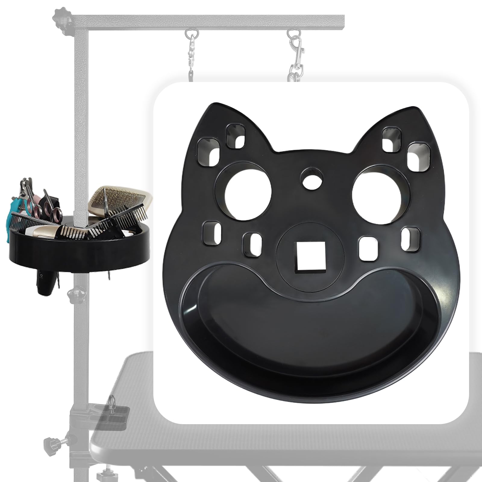 Pet Grooming Organizer for Scissors Brushes and Tools Holder - Portable Rotatable Dog Grooming Table and Arm Stand Tools(Black Cat Head)