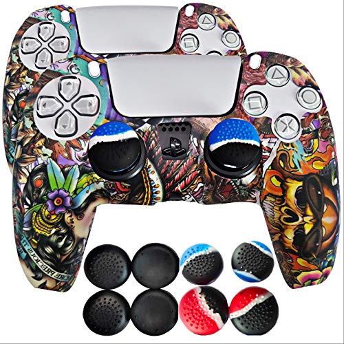 [2 Pack] Medical Grade Silicone Controller Cover for PS5 Controller, ZEYA for Controller Skins with 8 Thumb Grip Caps â€“ Compatible with Charging Station(Graffiti Gold)