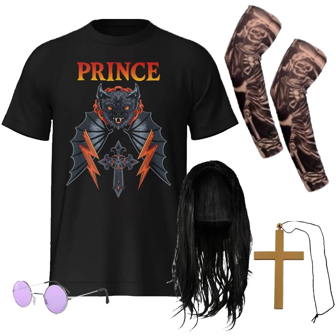 Adults Prince of Darkness Costume Set - XXLarge - Black Graphic T-Shirt, Long Black Wig, Round Glasses, Cross Necklace & Tattoo Sleeves - Retro Heavy Metal Fancy Dress Outfit for Parties & Events