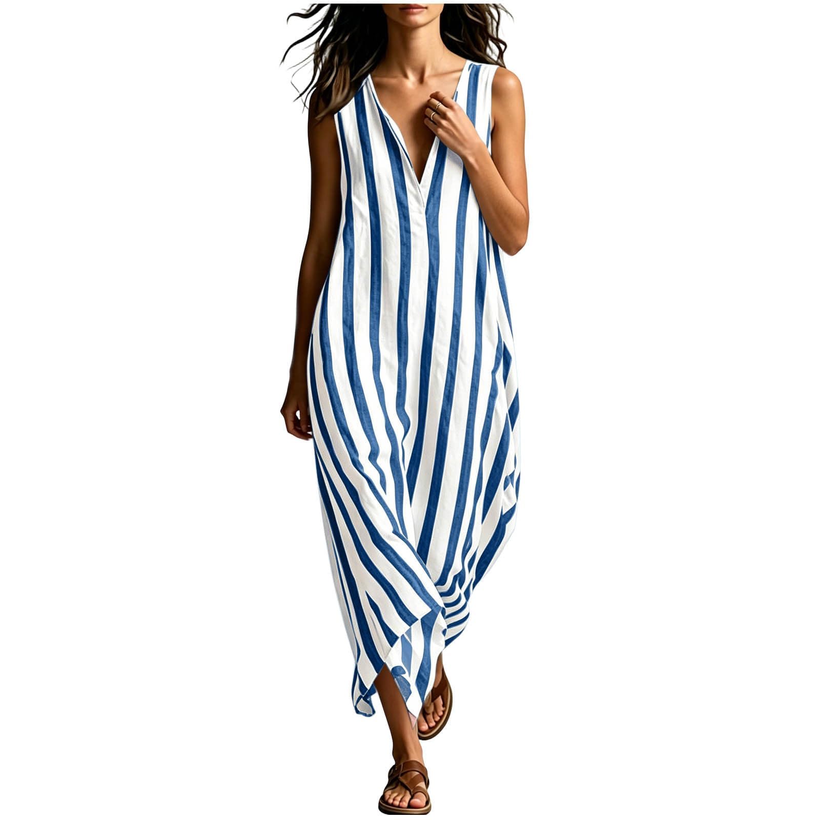 Vestido De Mujer Mangas con En V Diseño Rayas Holgado Caída Suelta Casual