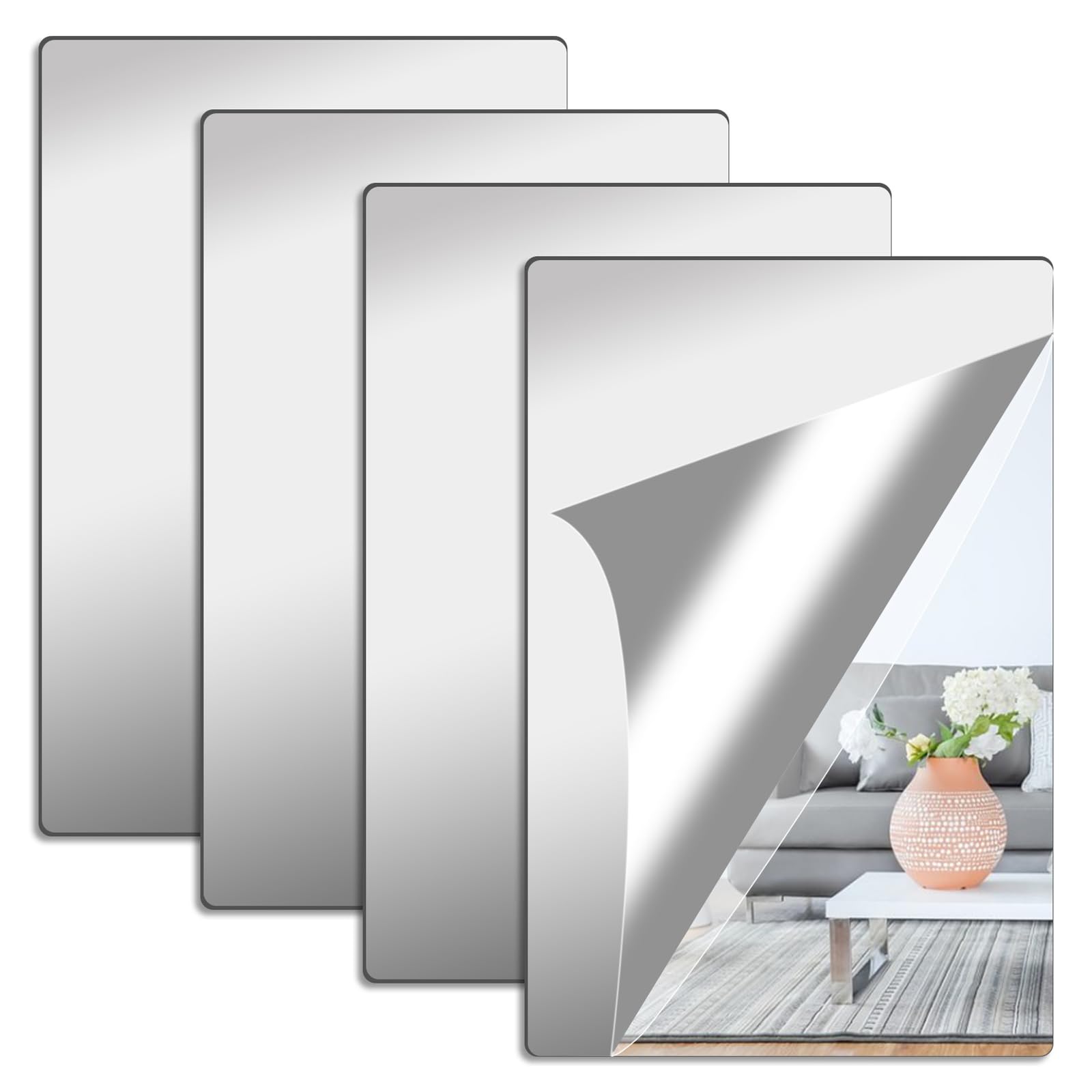 Déco Murale Autocollante Lot De 4 Miroirs Adhésifs Acrylique - 29x21 Cm - Autocollants Pour Décoration Murale - Salle De Bain, Chambre... Miroir Mural Adhésif