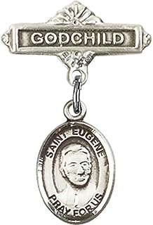 Sterling Silver Baby Badge with St. Eugene de Mazenod Charm and Godchild Badge Pin 1 X 5/8 inches