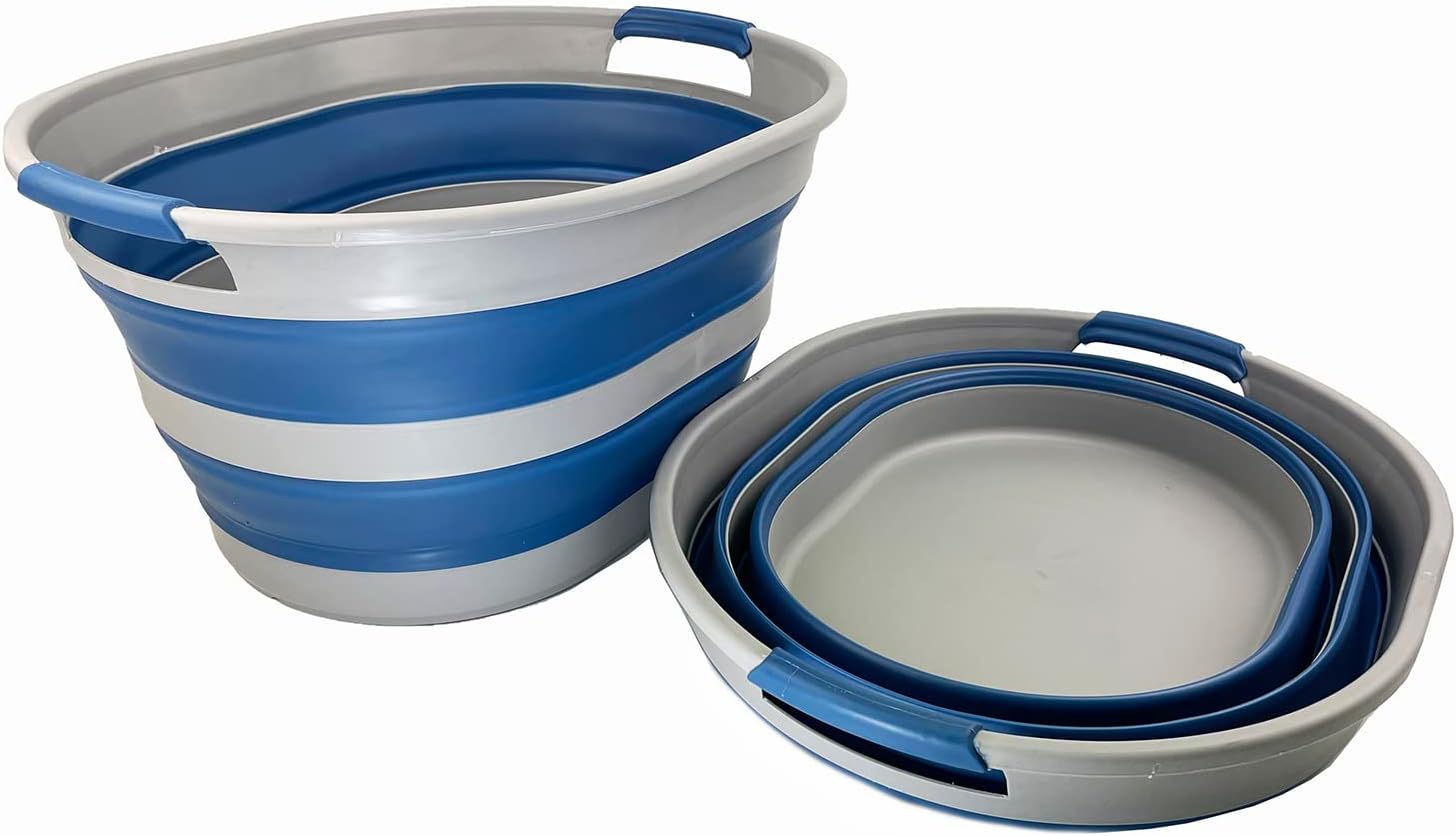 SAMMART 23L (6 Gallons) Collapsible Plastic Laundry Basket - Oval Tub - Foldable Storage Container/Organizer -Portable Washing Tub -Space Saving Laundry Hamper (Grey/Mist Blue (Set of 2))