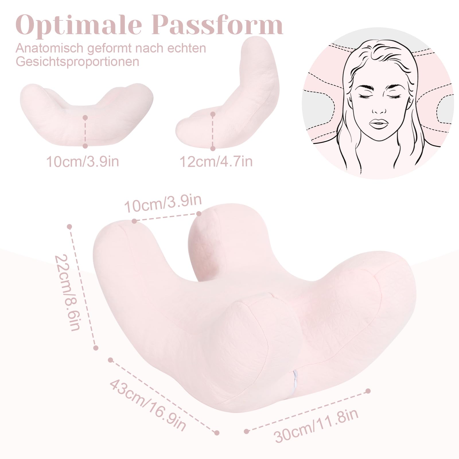 Anti-Falten Kissen, Seitenschläfer Schönheitskissen, Hautfreundliches Daunenkissen gegen für Schlafen, Anti-Wrinkle Pillow für Anti-Aging, Eye-Surgery, Gesichtsfalten, Nackenstütze（Rosa）