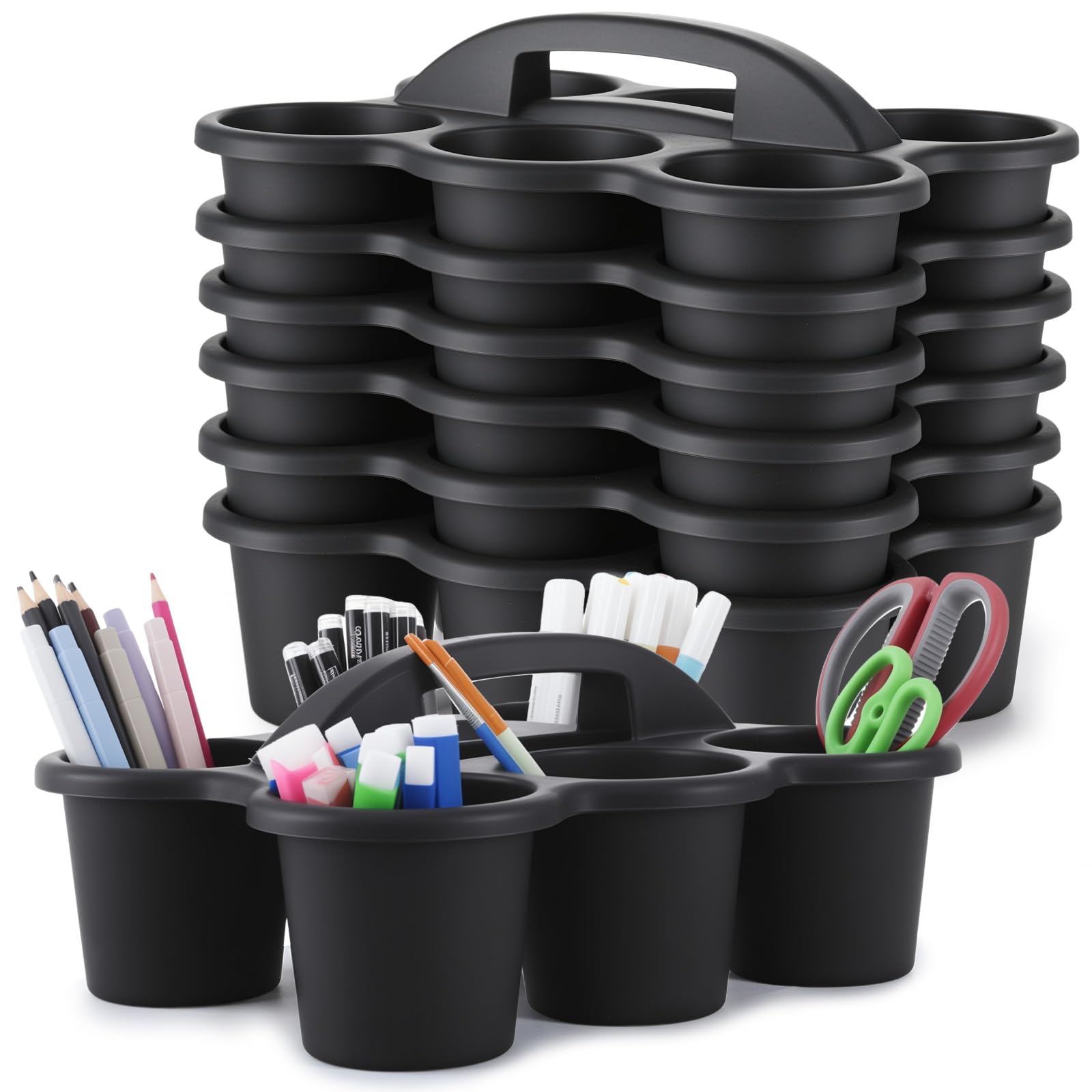 6 Pack Classroom Caddy with Handle Plastic Storage Caddy Organizer with 6 Compartments Drink Cup Caddies Holder Portable Storage Bin for Pencil, Crayon, Marker, Home, Office, School Supplies(Black)