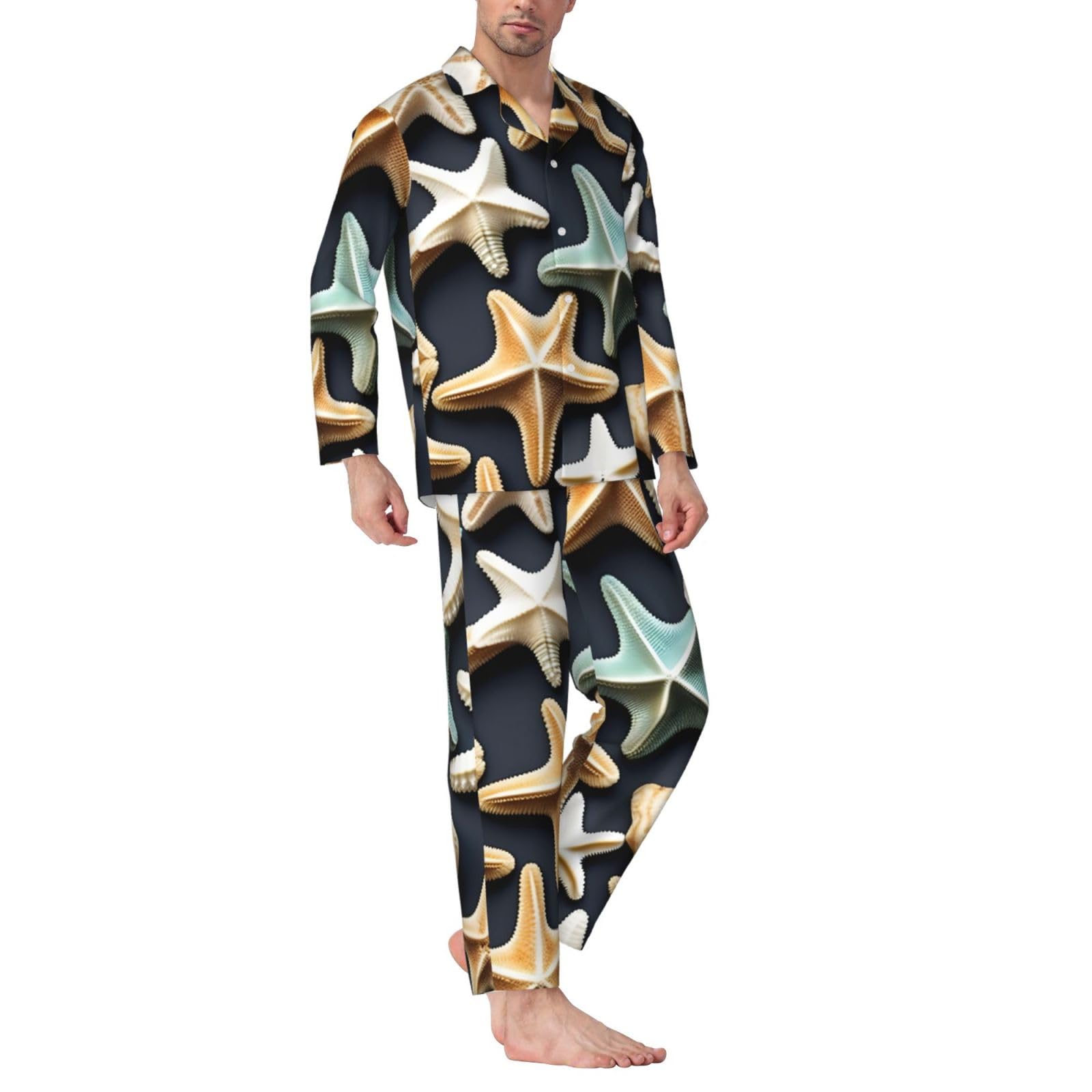Herren-Pyjama-Set, langärmelig, Seesternmuster, zweiteilig, bequem, Nachtwäsche