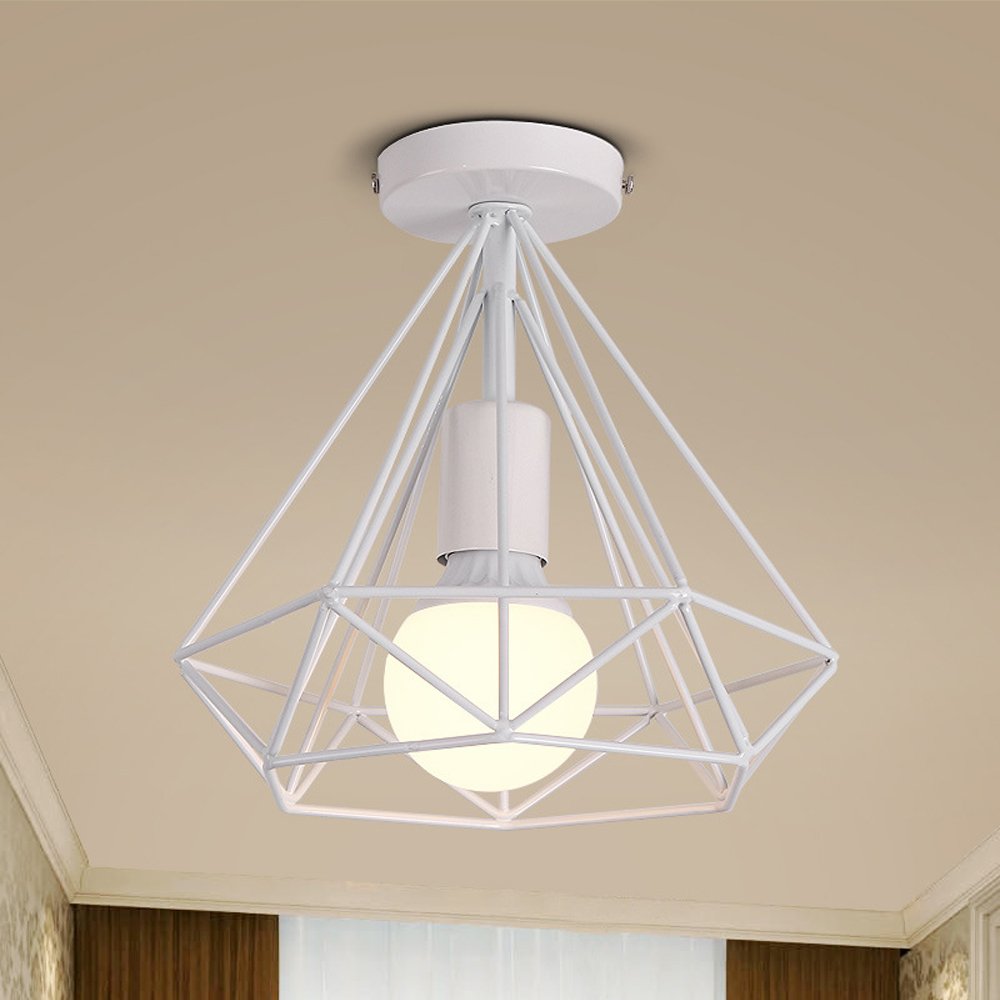 iDEGU Lot de 2 Plafonnier industriel retro cage forme diamant luminaire abat-jour 25cm E27 Blanc