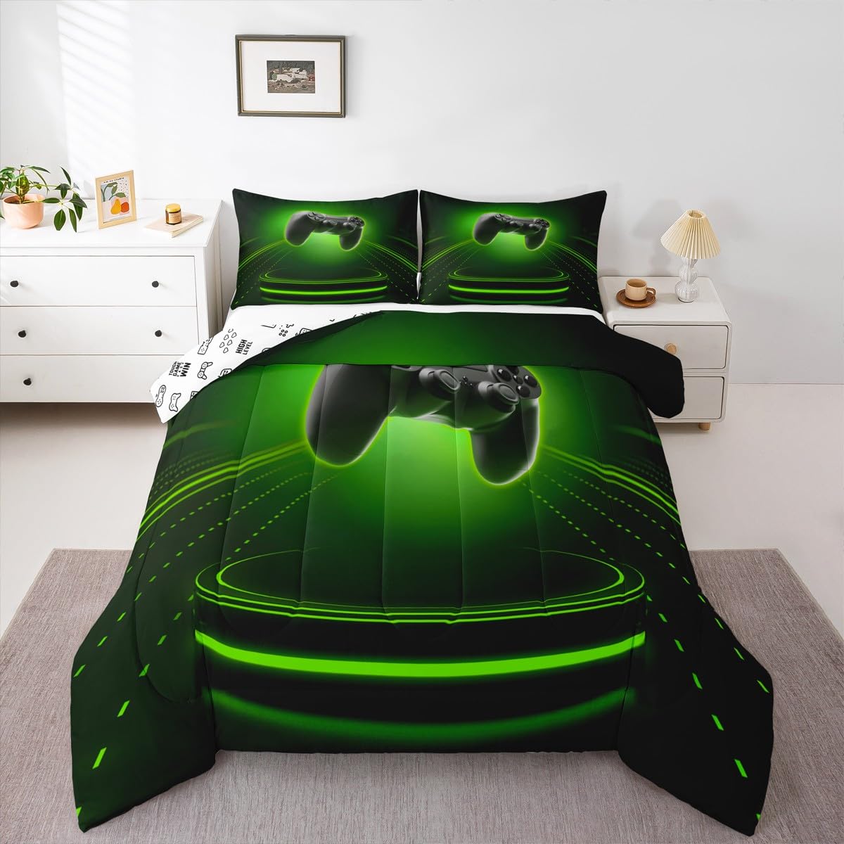 Erosebridal Teens Games Comforter Set, Kids Modern VR Gamer Down Comforter Full Size, Gamepad Player Gaming Bedding Comforters for Boys Youth Adult, D-pad Geometric Duvet Insert Bedroom Decor, Green-image-22