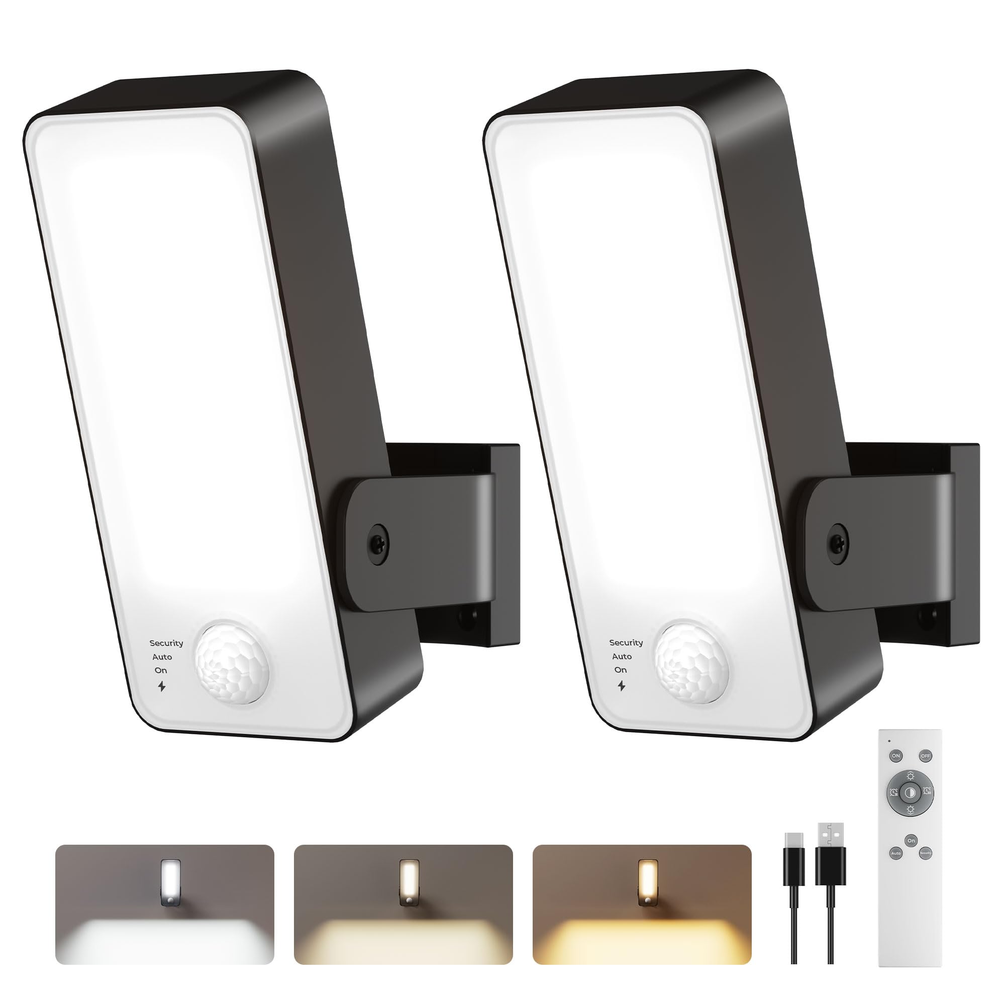 2 Piezas Luz LED Exterior con Sensor de Movimiento 12000mAh, Aplique Pared Recargable Exterior Interior con Control Remoto, 3 Tonos, Regulable, Lámpara Seguridad Impermeable IP65 para Jardín, Trastero