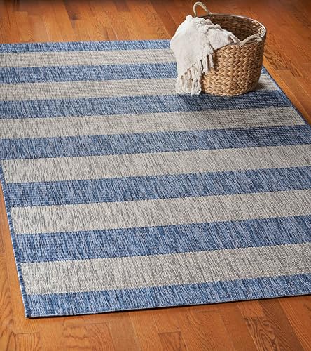 LR Home 8x10 Indoor/Outdoor Area Rug for Home Decor | Coastal Striped Large Size Carpet for Living Room, Bedroom, Playroom, Patio, Garden | Modern Farmhouse Rug | Navy Blue/Light Gray