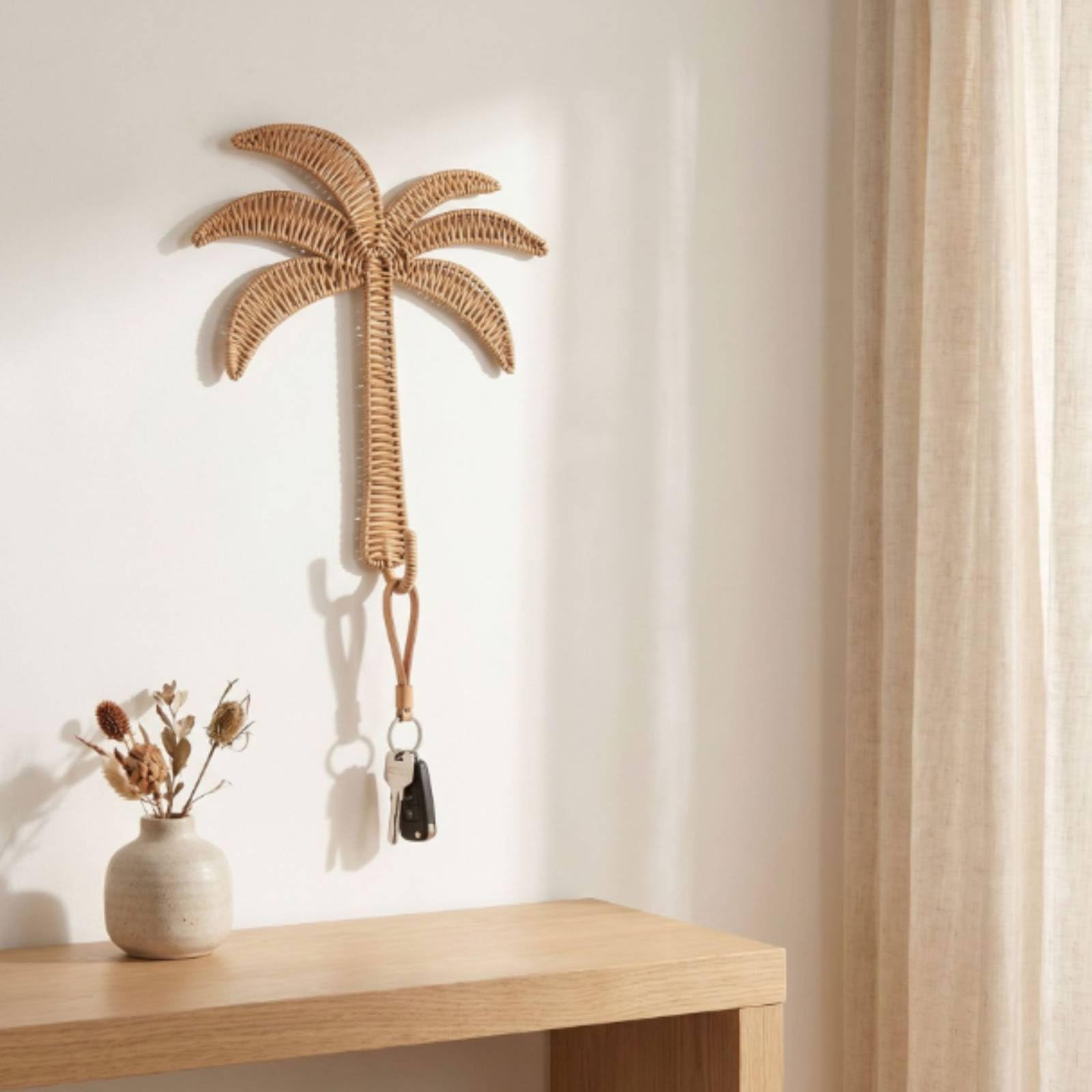 Crochet Palmier en Rotin Tressé Naturel, Support Mural Décoratif Style Boho, Décoration Murale en Forme d'Arbre, Porte-Clés et Accessoire Léger, Gain de Place, pour Entrée, Bureau, Chambre