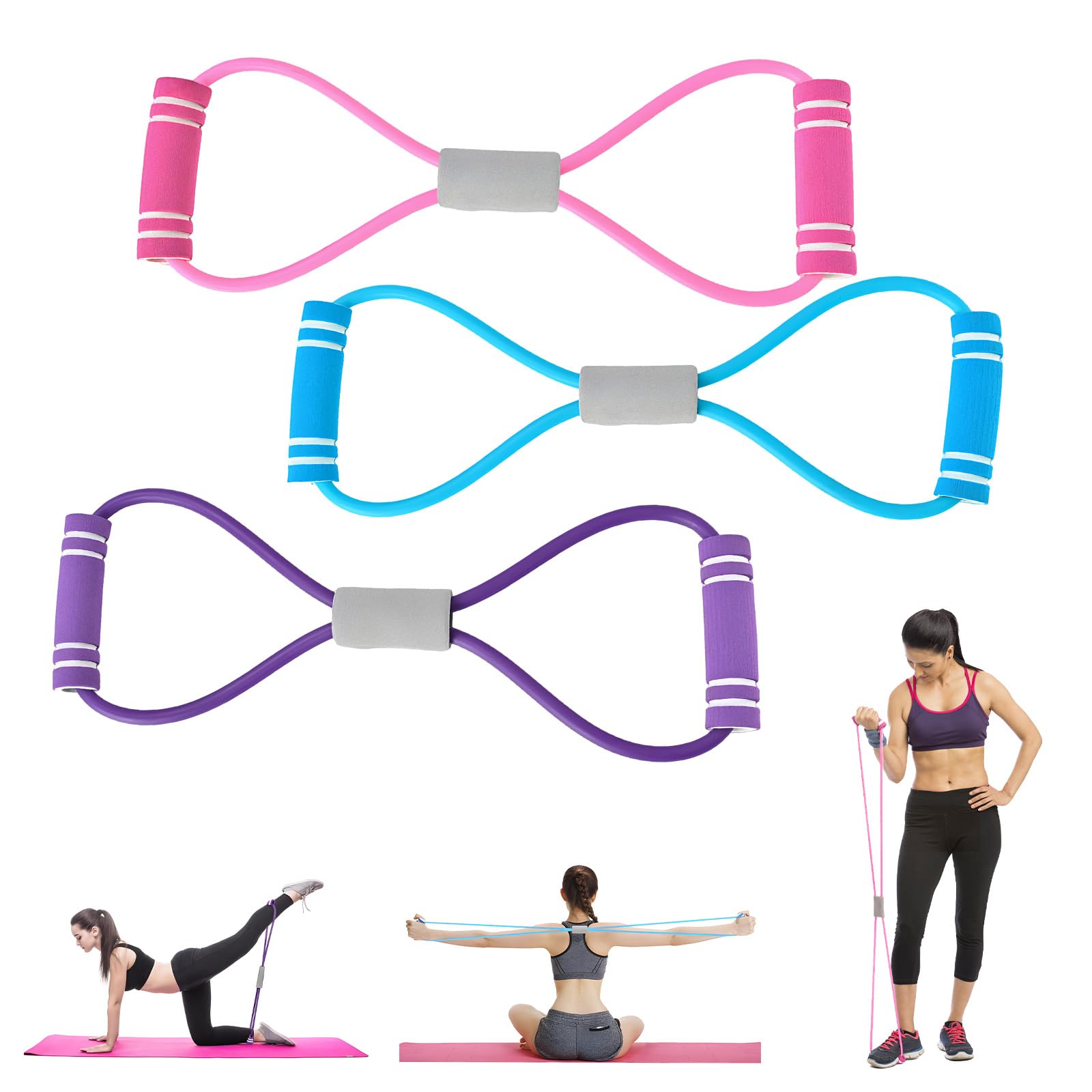 atnayo 3 Pcs Figure 8 Resistance Band,Resistance Bands with Handle(pink+blue+purple)
