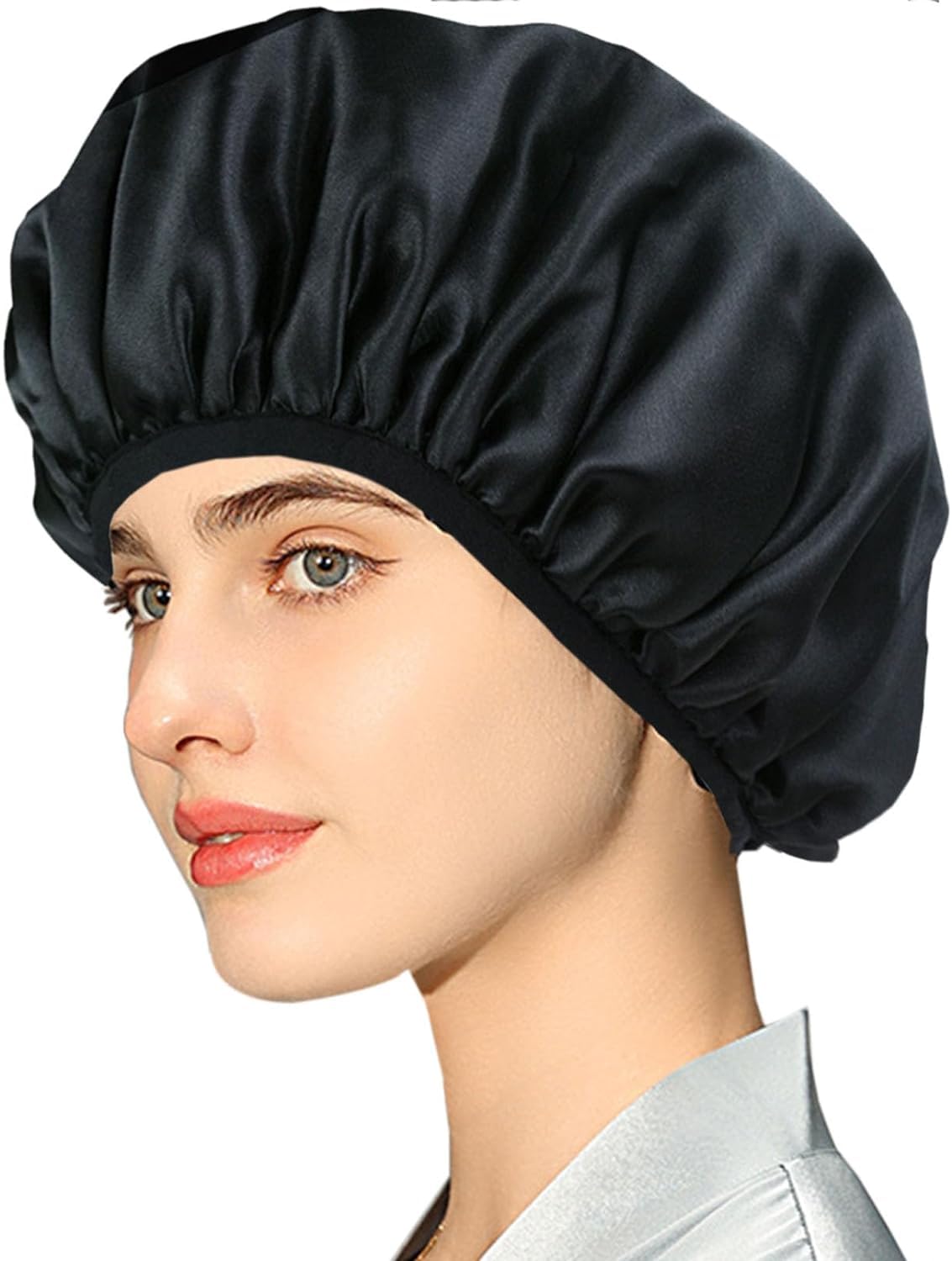 1 pieza gorro de ducha forrado de satén con banda elástica, gorro de ducha suave, de doble capa, impermeable, para el cuidado del cabello, apto para todo tipo de longitudes de cabello (negro)