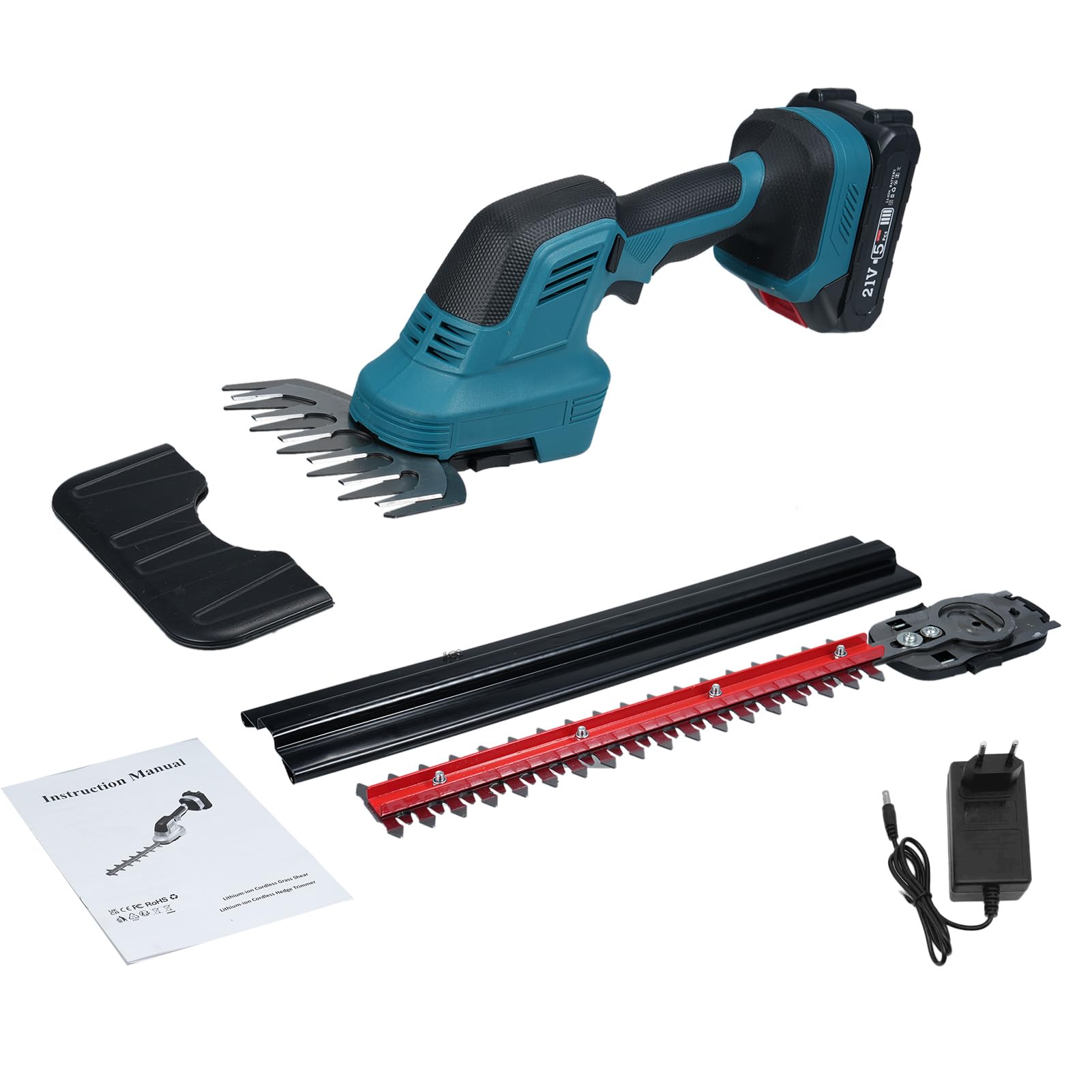 Cisaille à Gazon et Coupe-arbustes 2 en 1 Taille-haie électrique portatif 21 V et Coupe-Herbe Coupe-arbustes et Coupe-Herbe pour pelouse de Jardin avec 2 Batteries et Chargeur 2,0 (EU Plug & 1
