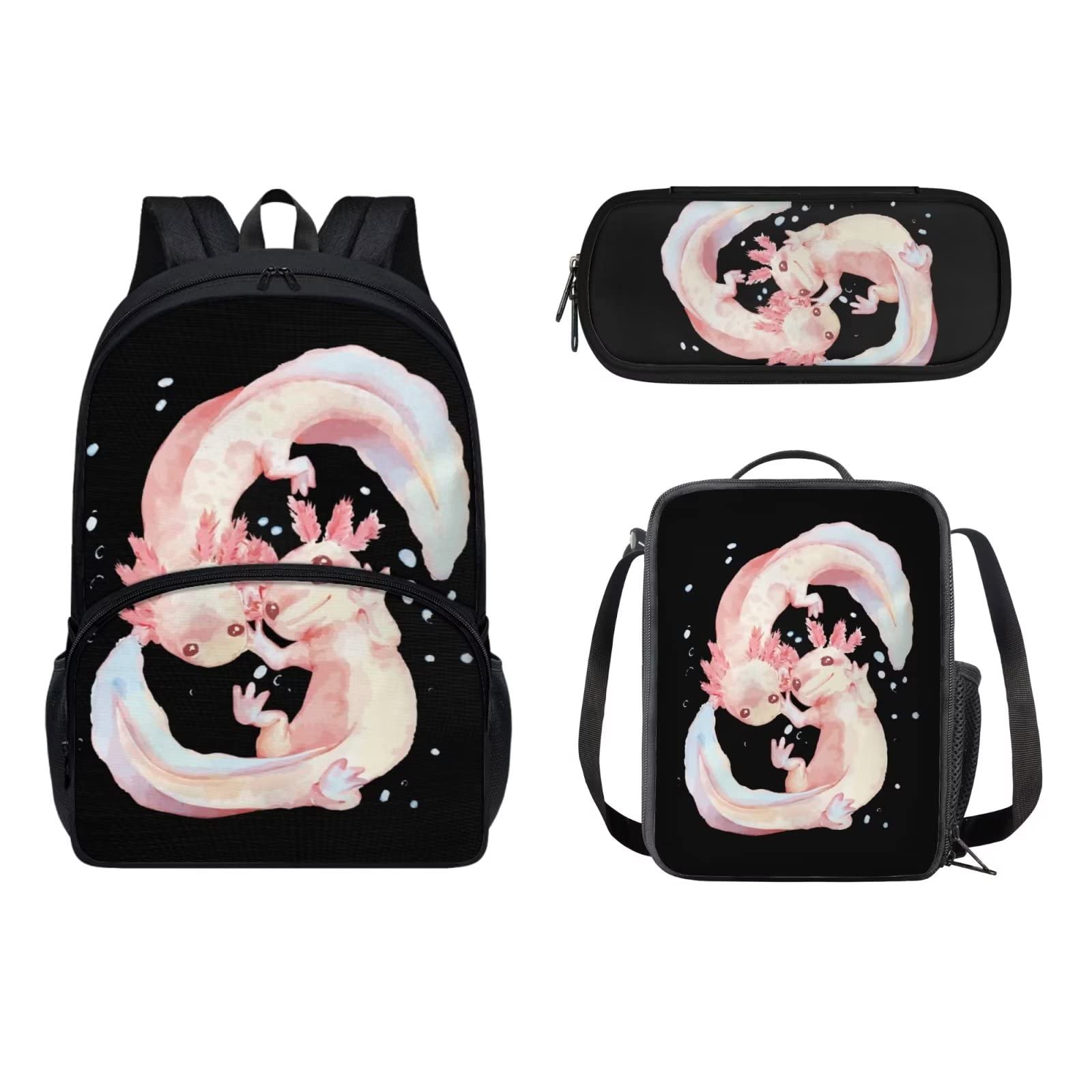 POLERO Mochila escolar de caballos para niños, juego de bolsas de almuerzo, estuche para lápices, 3 piezas, bolsas escolares, Axolotl, Talla única, Mochila infantil