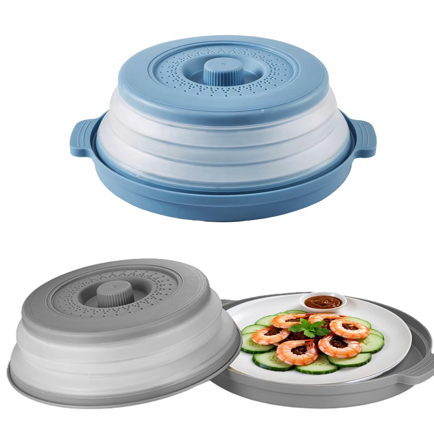 Punklong 2 Pack Microwave Cover for Food Collapsible,10.5 Inch Microwave Splatter Cover with Tray Grip Handle Plate Cover for Food Prevents Foodstuff Splatter, Basket for Fruit Vegetable BPA-Free