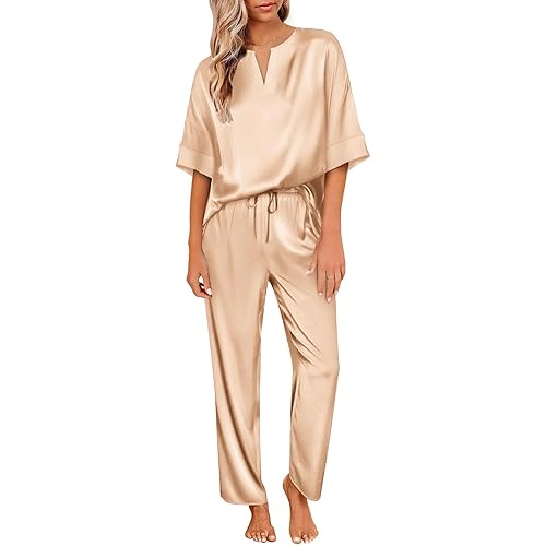Ekouaer Satin Pajama Set Womens Silk Short Sleeve V Neck Shirt with Long Pant Soft Loungewear Pjs Set