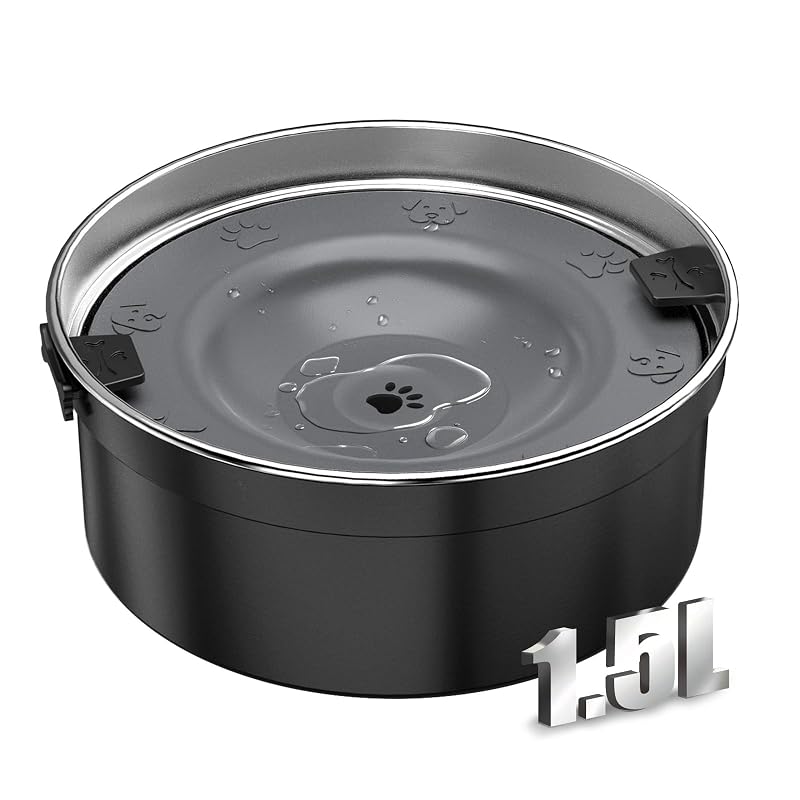 Tigela para Água de Cães com Válvula Flutuante Antirrespingos em Aço Inoxidável PurazQyn 1,6 L Preta