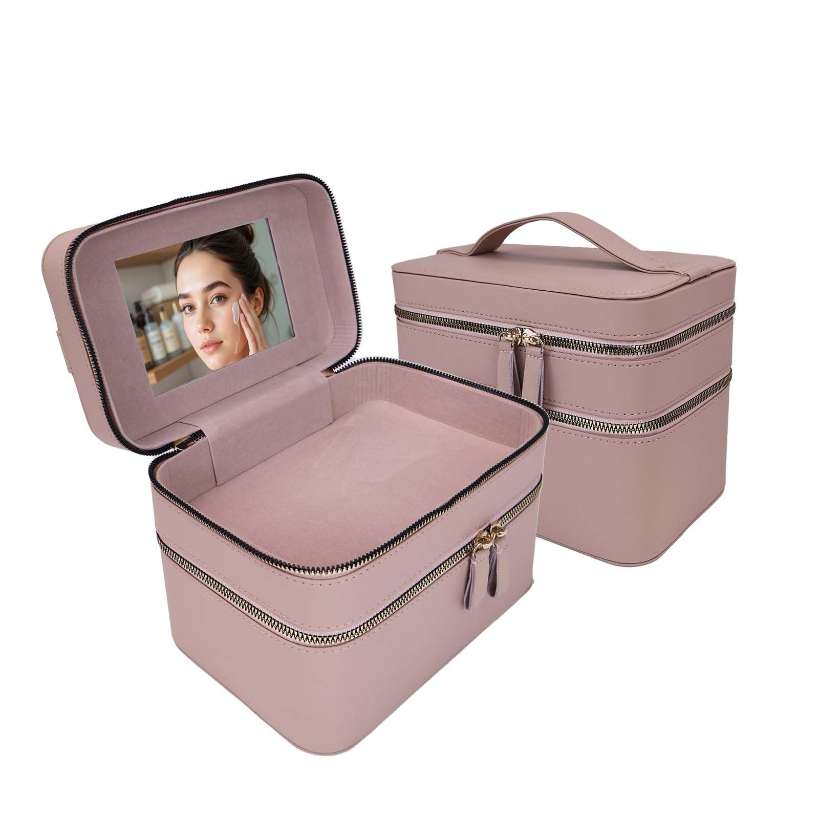 RCFJ b y K L A N D Hard Shell Double Layer Makeup Train Case with Mirror, Large Capacity Travel Cosmetic Organizer, Water-Resistant PU Leather