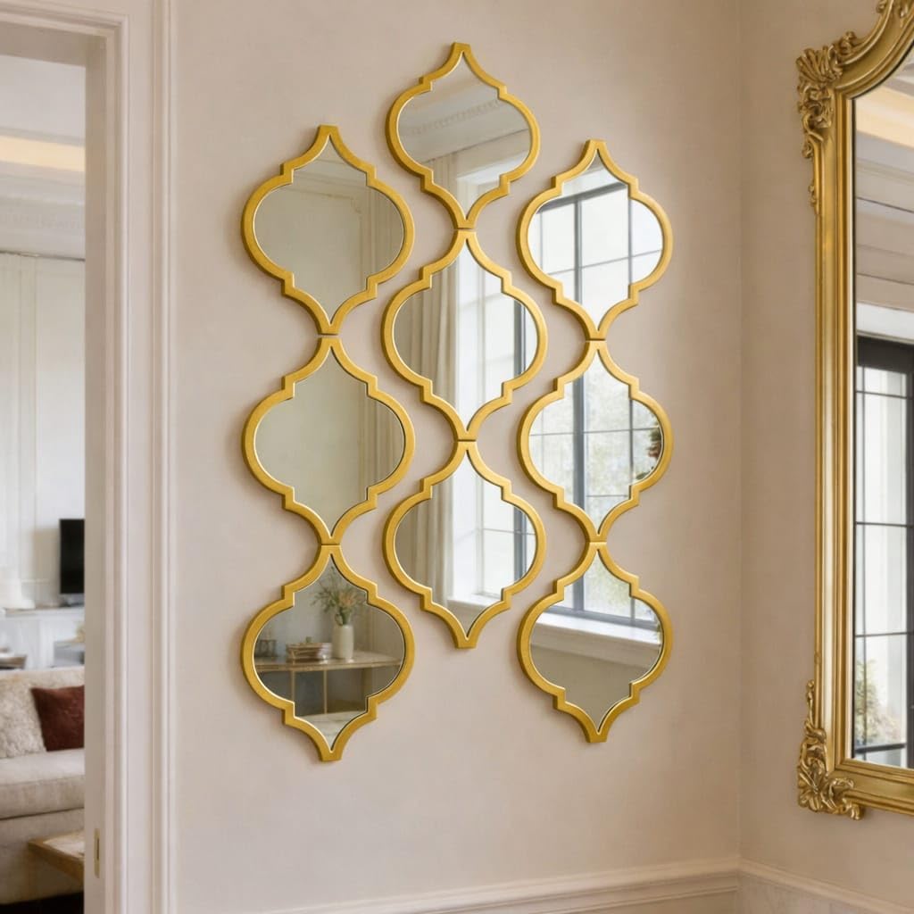 Set of 9 Quatrefoil Wall Mirrors – Decorative Moroccan Lattice Accent Mirrors – Interlocking Geometric Wall Art for Living Room, Entryway, and Bedroom Decor (Gold)-image-28