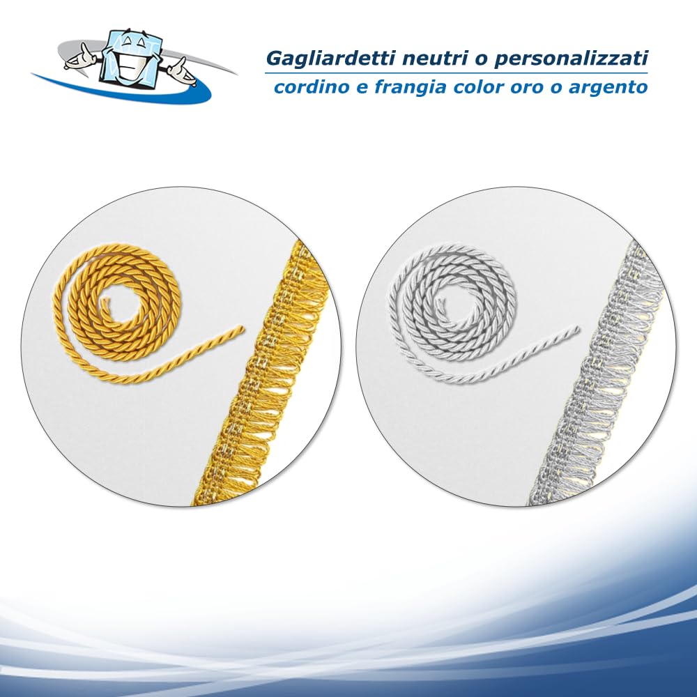 Gagliardetti Neutri o Personalizzati – Confezione 20 o 50 pz. – Forme Triangolare 14x17 cm, Pentagonale 11,5x13 cm, Scudo 10,5x14 cm – Raso Strong/Eco – Frangia Oro o Argento