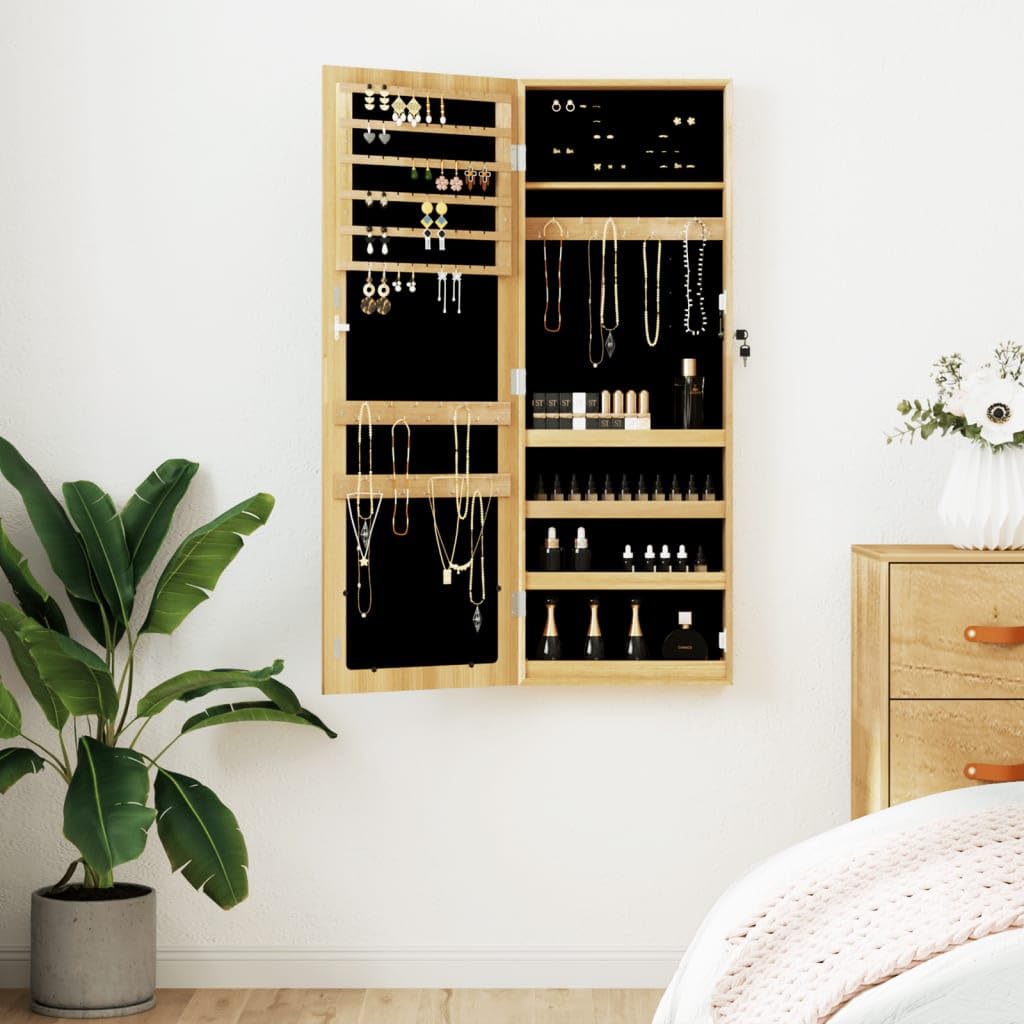 Szafka na biżuterię z lustrem do montażu na ścianie, 37,5 x 10 x 106 cm, z zamykanymi drzwiami, z lustrem, haczykami i półkami, materiał drewnopochodny do korytarza, sypialni i łazienki