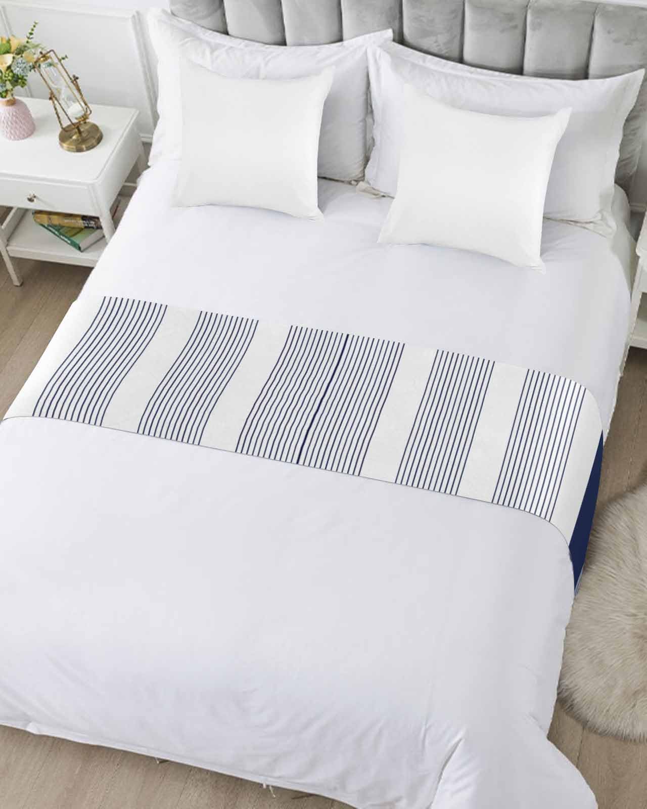 Bed Runner Navy Blue Stripe Lines Bedding Scarves Soft Decorative Bed Flag Abstract Striped Bed Runners for Cal King Size Bed Hotel Bedroom Decor Bed Throws for Foot of Bed Scarf Protector 20x102