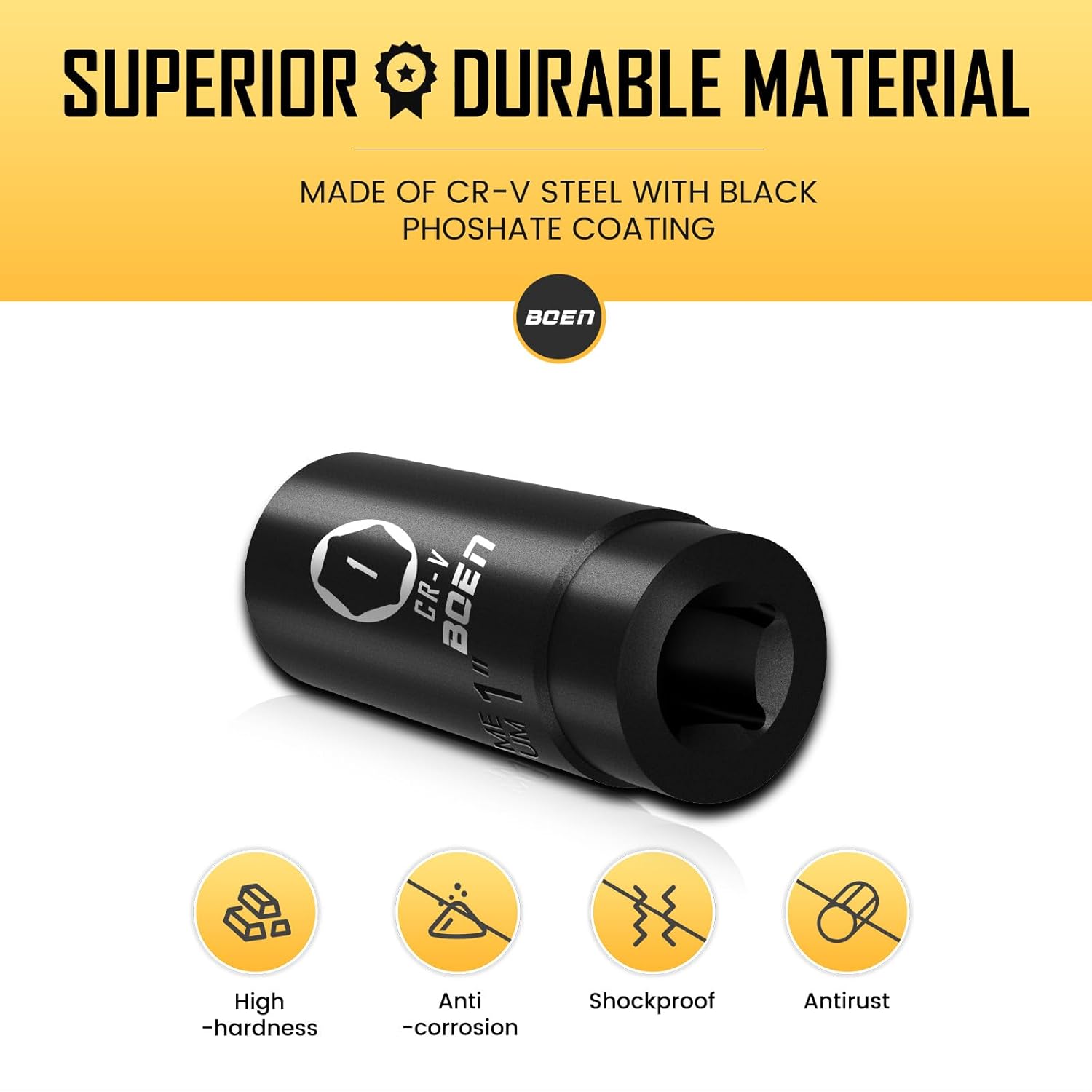 BOEN 3/8" Drive Deep Impact Sockets, Premium Impact Socket, 1" Socket, SAE, 6 Point,Cr-V Steel with Laser Marking - Strong and Durable