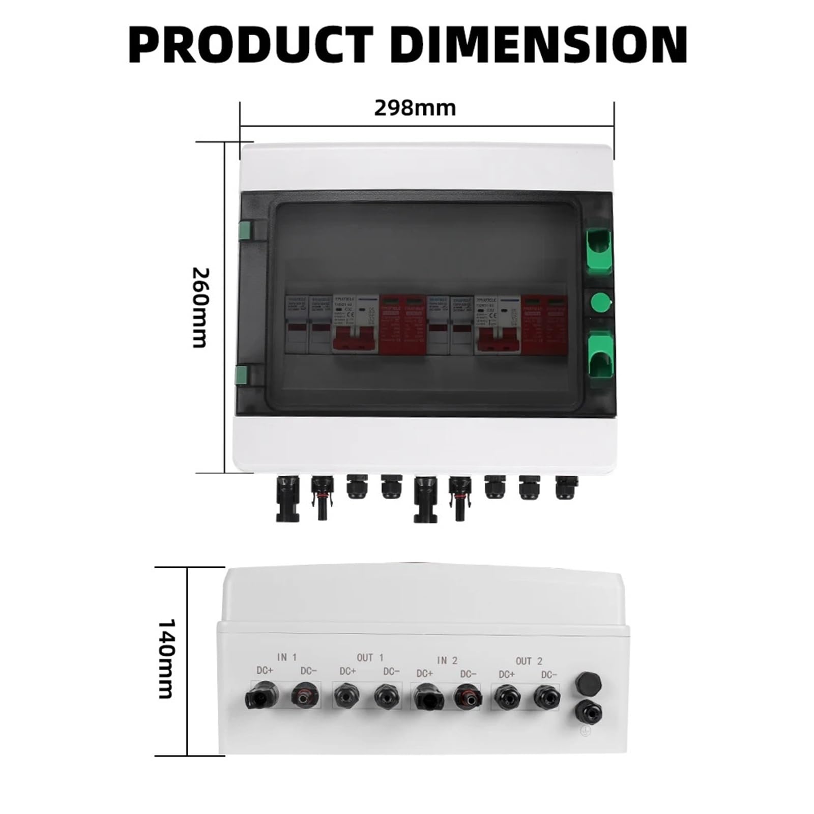 Quadro di combinazione fotovoltaico solare fotovoltaico con protezione da sovratensioni e fulmini, 2 ingressi, 2 uscite, 2 stringhe, DC 600 V, fusibile MCB SPD, scatola impermeabile IP65(40A DC MCB)