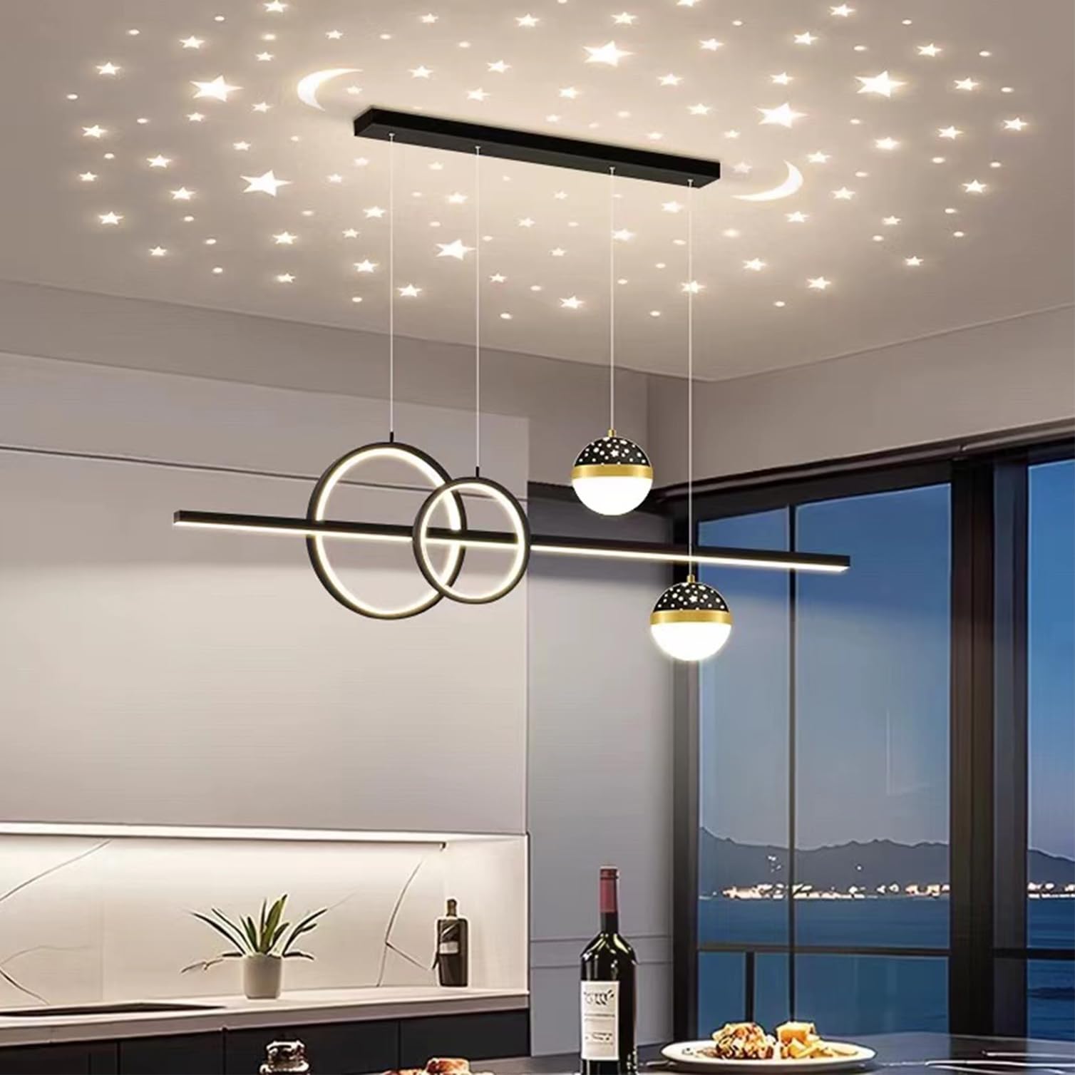 Modern LED pendant lamp dining room dimmable pendant lamp dining table black, Modern linear design pendant lamp with remote control, dining table lamp hanging for kitchen office lamp (Black, 100cm)
