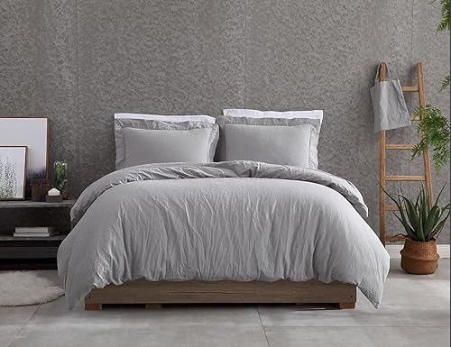 Sterling Creek Juego de funda de edredón de algodón de lino lavado, color gris claro, 3 piezas, mezcla de lino y algodón, suave, transpirable, con