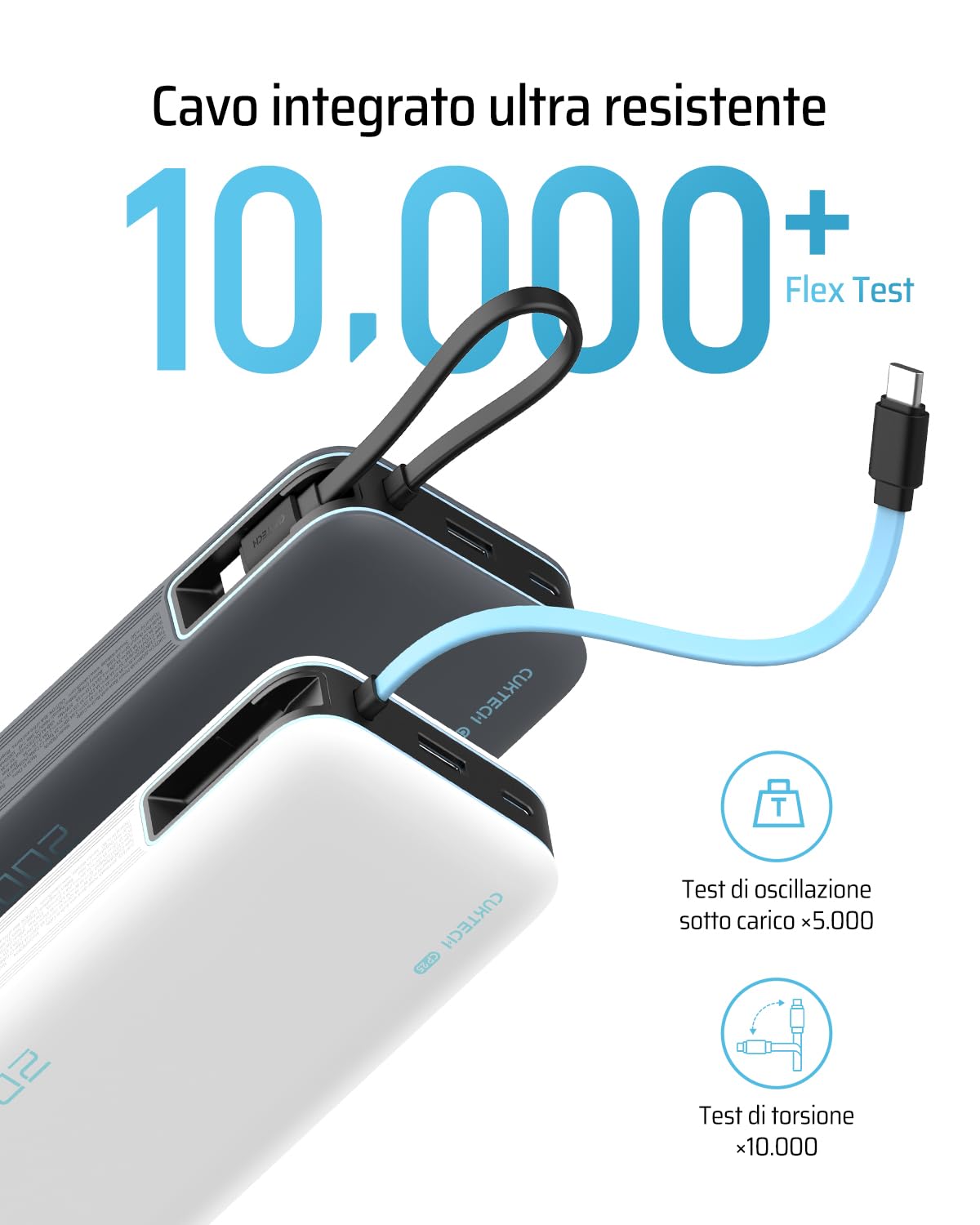 CUKTECH 45W 20000mAh Power Bank con Cavi Integrati, Ricarica Rapida Batteria Esterna con 2 Porte, Display Digitale, USB C Caricatore Portatile Caricabatterie per MacBook Air, Galaxy S23, iPhone 17 Pro