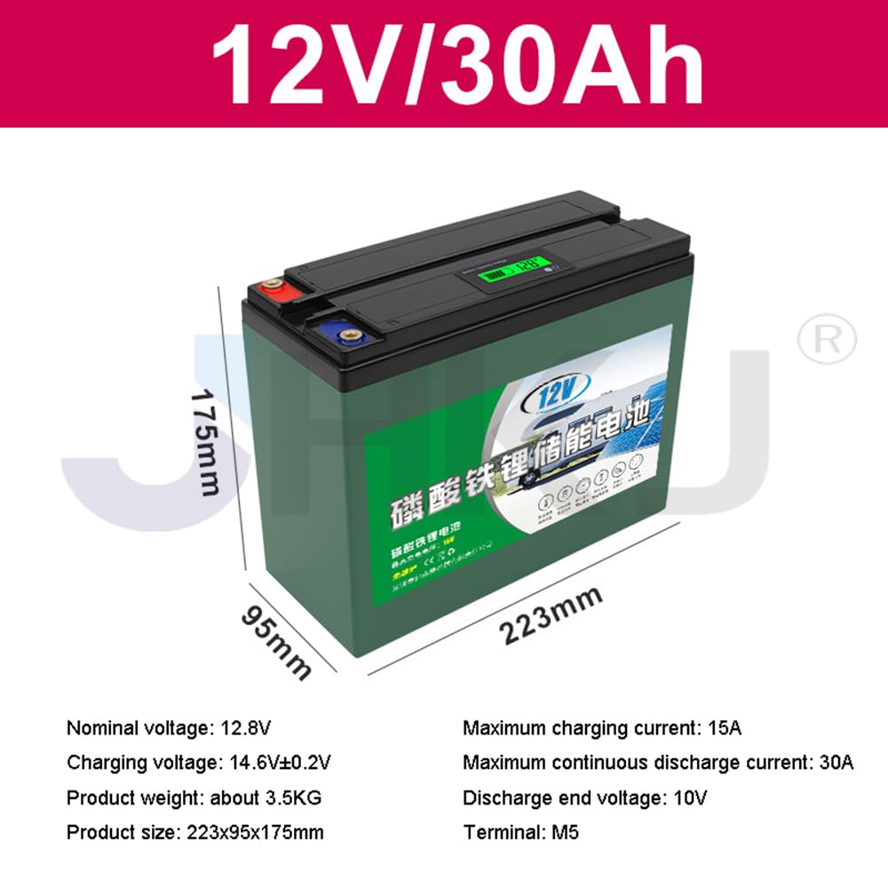 Batería Recargable de fosfato de Hierro y Litio LiFePO4 de 12 V y 30 Ah para autocaravanas, Camping y Pesca de Arrastre.