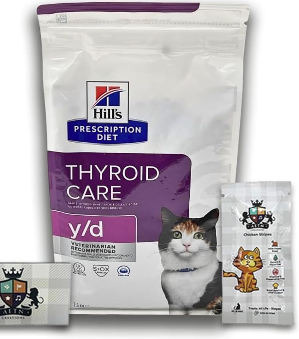 AETN Creations Y/D Thyroid Care Bundle 1.5 kg Dry Food for Cats Plus Cat Treats with Chicken, Diet Dry Food for Cats with Thyroid Problems