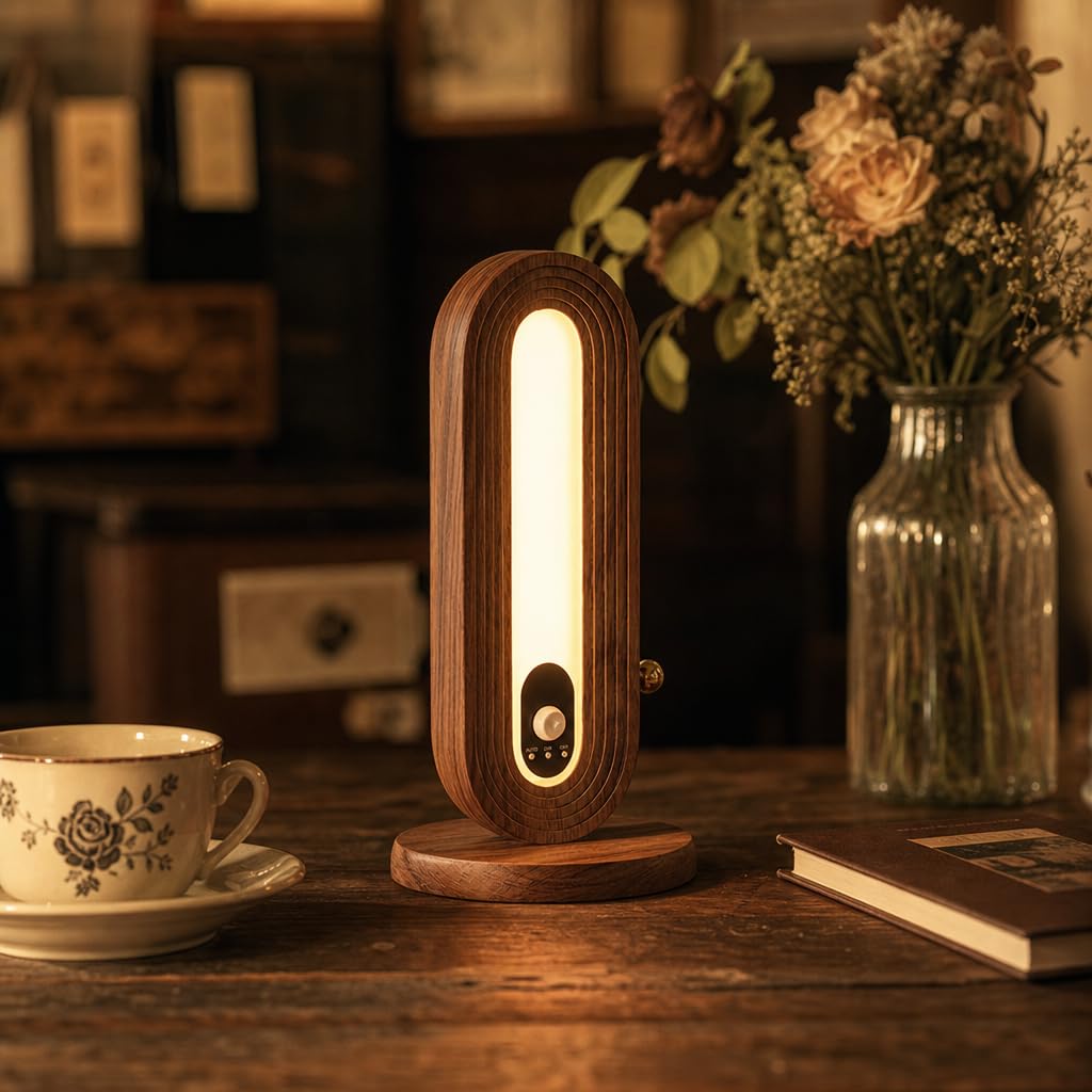 LED Tischlampe mit Bewegungsmelder Holz Akku Tischleuchte Kabellos 3000K Warmweiß Dimmer Nachtlicht Ohne Otromanschluss Wandleuchte Magnetisch Sensorlampe Batteriebetrieben mit Schalter