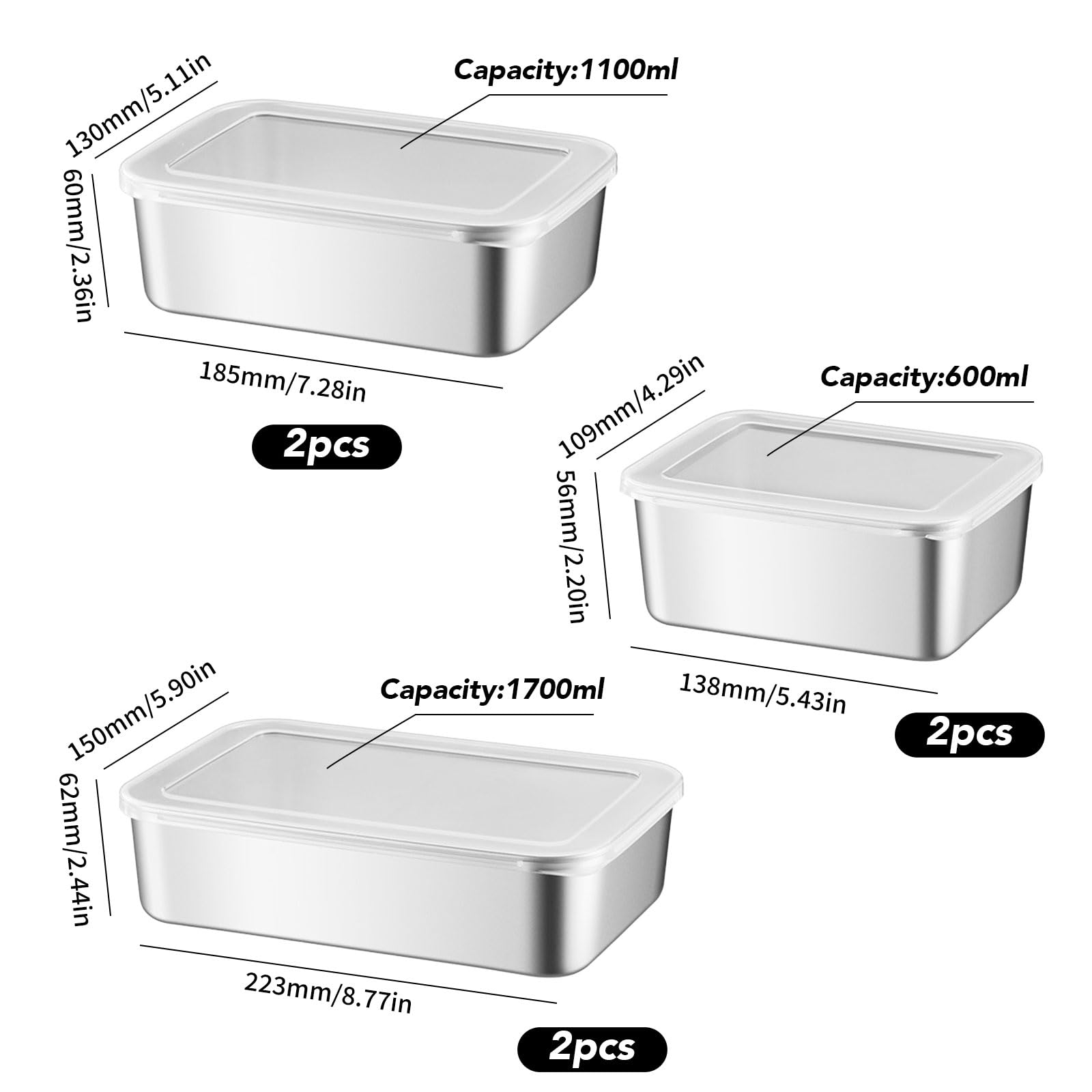 6Pzs Contenitore Acciaio Inox per Alimenti Contenitori per Salumi | Contenitori in Acciaio Inox con Coperchio Impilabili Contenitori con Coperchio Pranzo Acciaio Inox per Carne Verdura Frutta