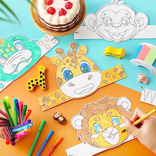 Image of HESTYA 40 Pcs Animal DIY Headbands Jungle Safari Party Crowns with Watercolor Pens Jungle Animal Party Headbands Animal Coloring Crowns Safari Animal Party Hats for Kid Students Craft Costume Cosplay