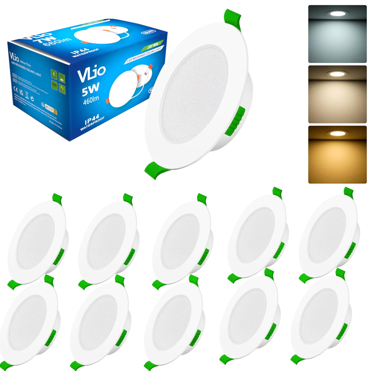 Vlio 5W Downlights for Ceiling, LED Downlights IP44 Slim Recessed Ceiling Lights, 3CCT 3000K Warm 4000K Neutral White 6000K Cool White Adjustable Bathroom Spotlights, Cutout Ø68mm 10 Pack