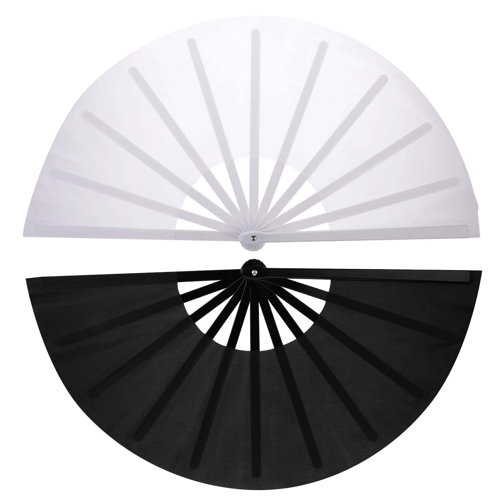 KALIONE 2 Pcs Large Folding Hand Fans Foldable Rave Fan Chinese Kung Fu Tai Chi Hand Fan Performance Decorations Hand Held Fan for Festival Dance Party (Black and White)
