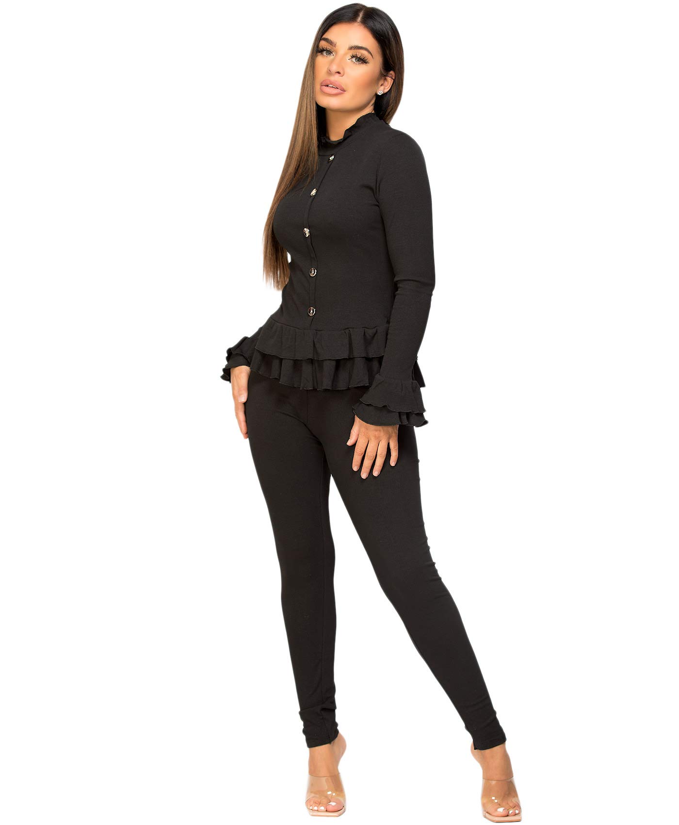 – Womens Gold Button Loungewear Suit 2 Pc Frill Peplum Rib Set