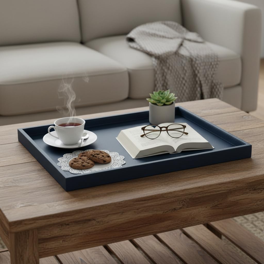 20 * 20 Inch Rectangular Ottoman Tray | Textured PU Leather, Waterproof & Heat-Resistant Storage for Coffee/Dining Tables, Sofa, Bed, Entertainment & Party (Navy Blue, 20 * 20in)