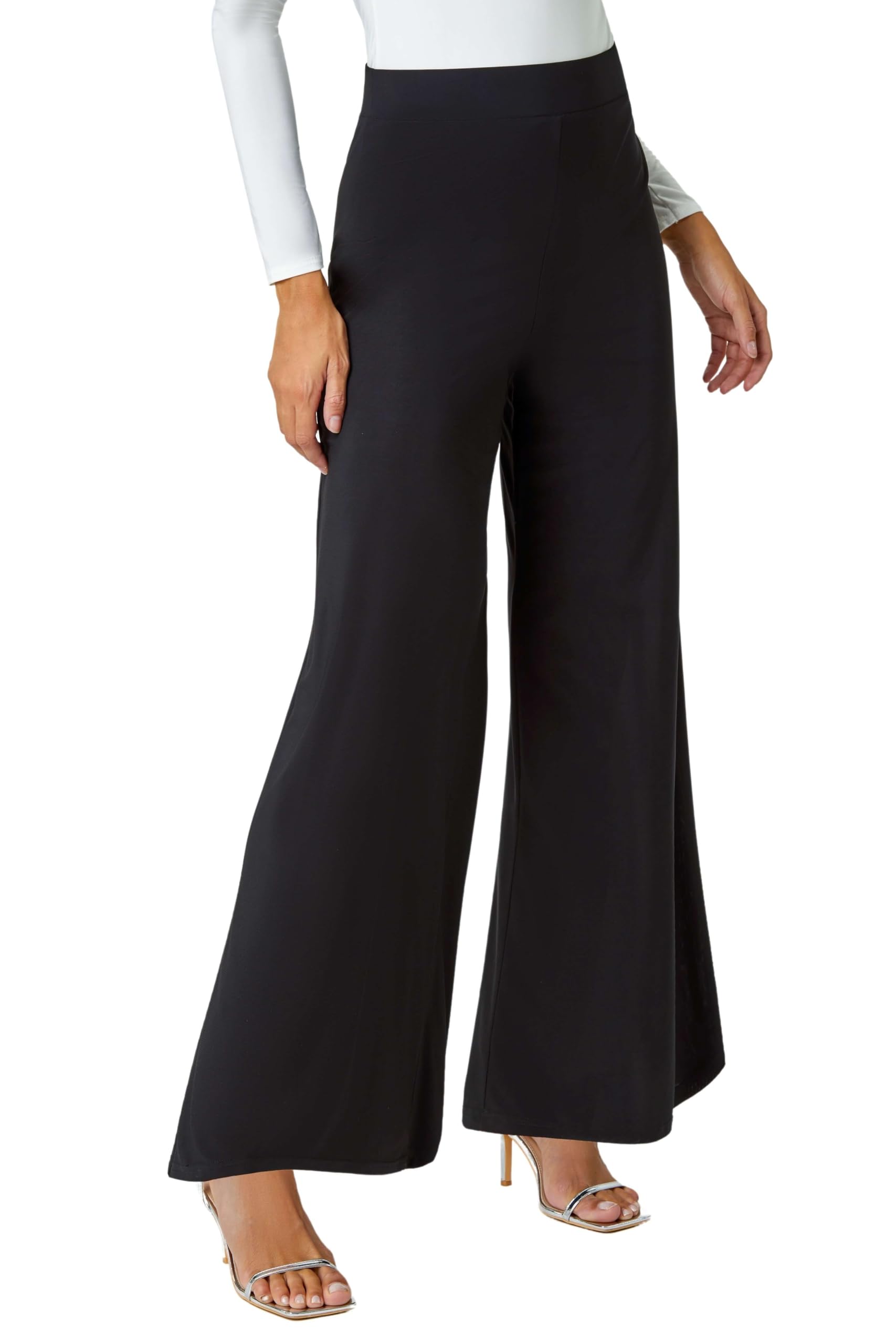 Wide Leg Trousers for Women UK Ladies Palazzo Pants Evening Jersey Elasticated High Waist Smart Flared Culotte Office Work Going Out Loose Crepe Bottoms