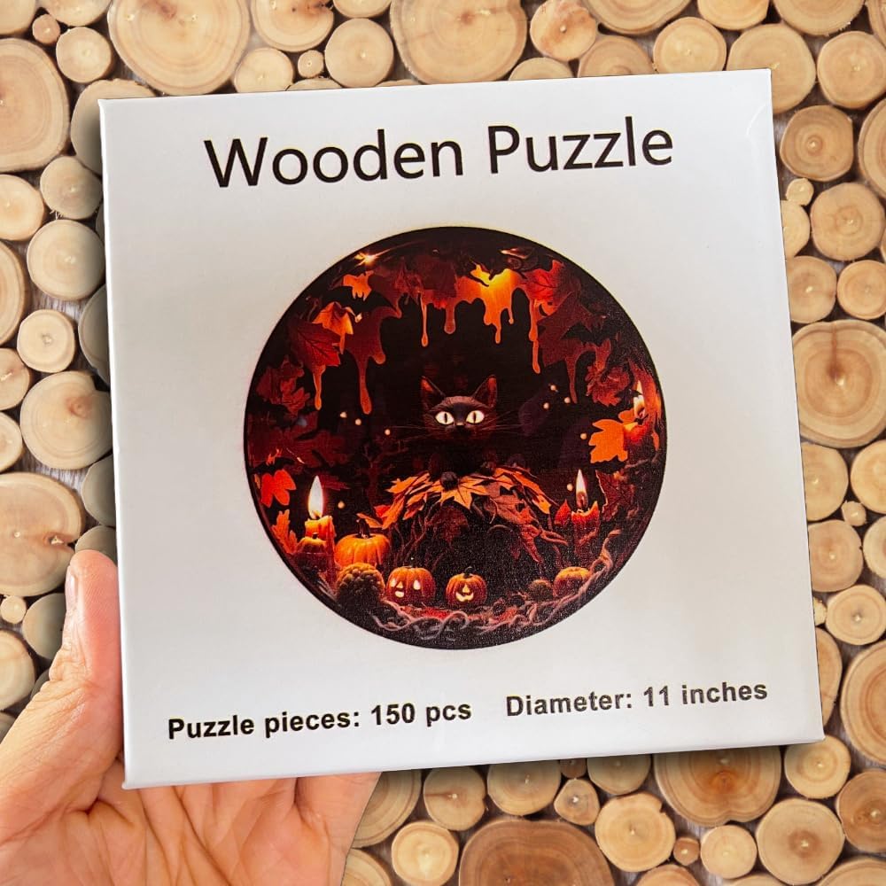 Wooden Cat Puzzle for Adults – 150 Piece Round 11" Jigsaw, Black Сat Night Art, Wooden Jigsaw Puzzles for Adults, Cozy Gift for сat Lovers & Halloween Decor