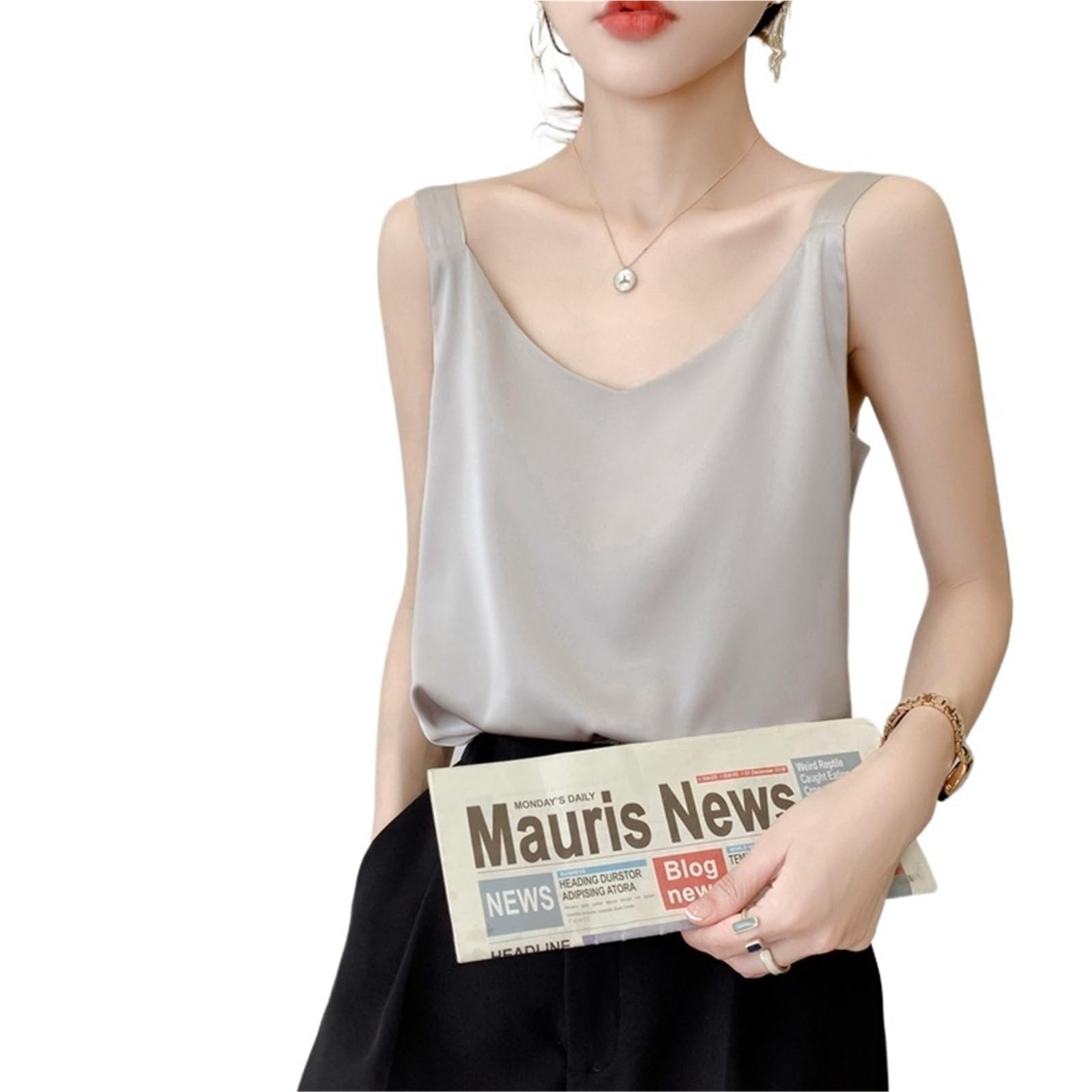 Camisola de Seda for Mujer, Traje de Verano con Escote en V Interior, Chaleco de satén, Fino, Suelto, sin Mangas, Top de Seda con Tirantes para Uso Diario, Viajes