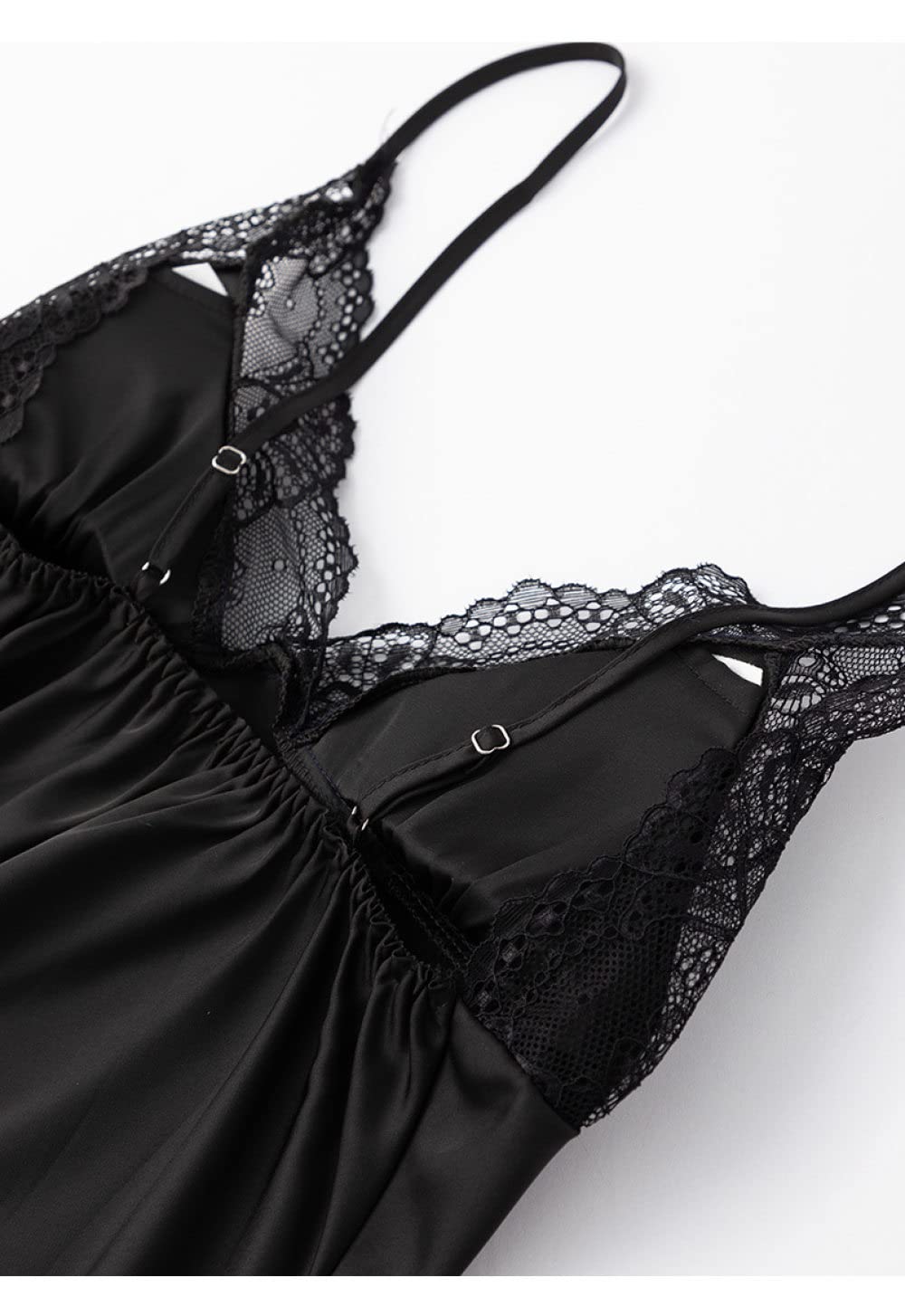 OZEO Pigiama Raso Donna,Accappatoio Kimono in Due Pezzi di Raso Nero Vestaglia Sexy con Cuciture in Pizzo Leggero Abito con Lacci Abito da Sposa Babydoll Bademantel Damen,S