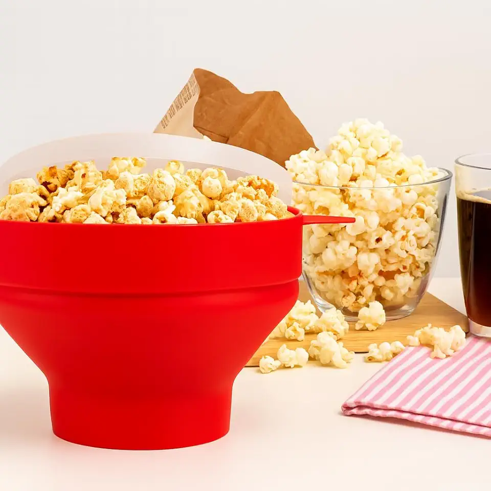 Pipoqueira de Microondas, de Silicone Dobrável – Com Tampa, 2.5L, Prepara Pipoca sem Óleo, Fácil de Usar e de Limpar, Vermelha